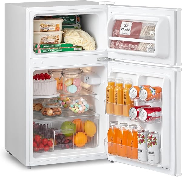 COMFEE' RCT87WH2(E) Under Counter Fridge Freezer, 87L Small Fridge Freezer with Light, Removable Shelves, Adjustable Thermostats, Reversible Doors, White - 1