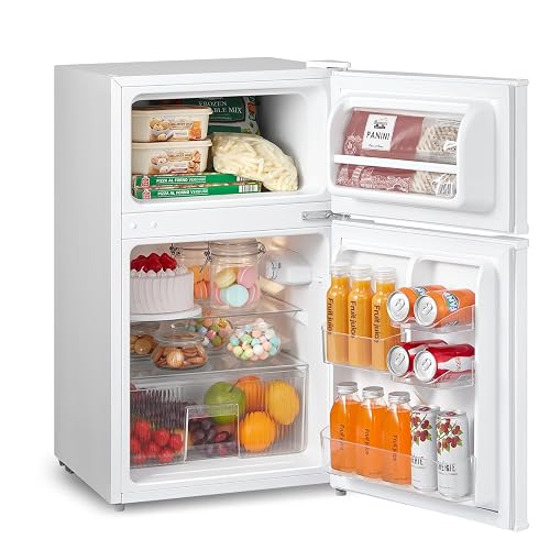 COMFEE' 87L Under Counter Fridge Freezer, Reversible Door, RCT87WH2(E) | Interior Light, Removable Glass Shelves, Adjustable Thermostat, for Small Kitchen, Apartment, White - 87L E-Class - White