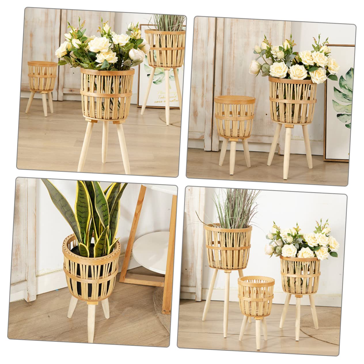 竹製 収納バスケット　フラワースタンド Amazon.co.jp: Levemolo 竹製ハンドメイド花器 スタンド付き 植物