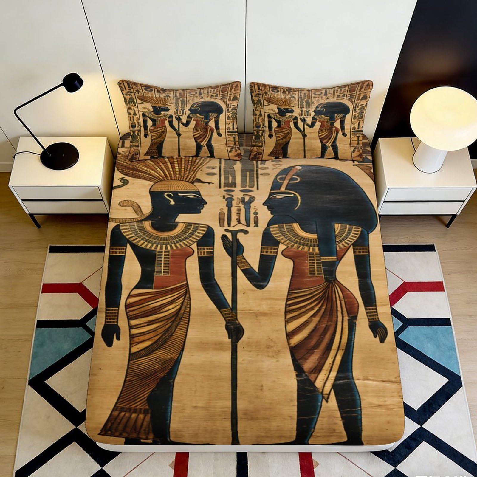 Pnayamiorkfel Style-7 3D Printed Egyptian Pharaoh Fitted Sheet Microfiber Slip-Resistant Queen Nefertiti Mattress Cover Bedroom Decor 90X200x25cm