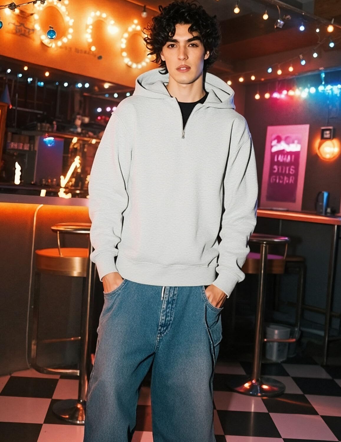 UOUA Men's Graphic Quarter Zip Hoodies Casual Long Sleeve Drop Shoulder Sweatshirt Pullover Streetwear Top - Image 3