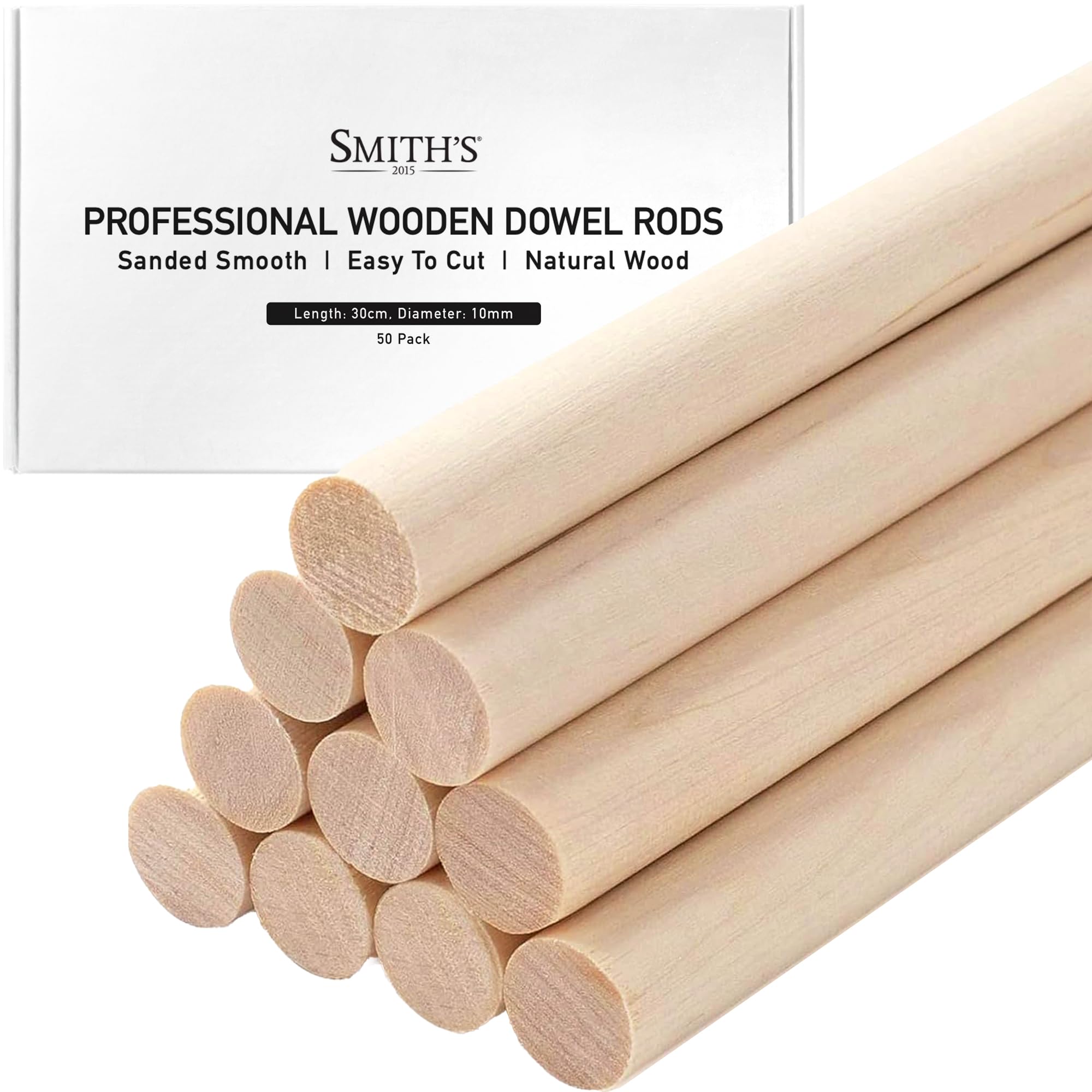 Smith's 2015 Beige Wooden Dowel Rods By Smith’s® (50 Pack / 30Cm X 10Mm) | Unfinished, Natural, Organic Wood Sticks | Fsc Approved | Perfect For Craft Projects, Diy, Art Works, Woodcraft, & More!