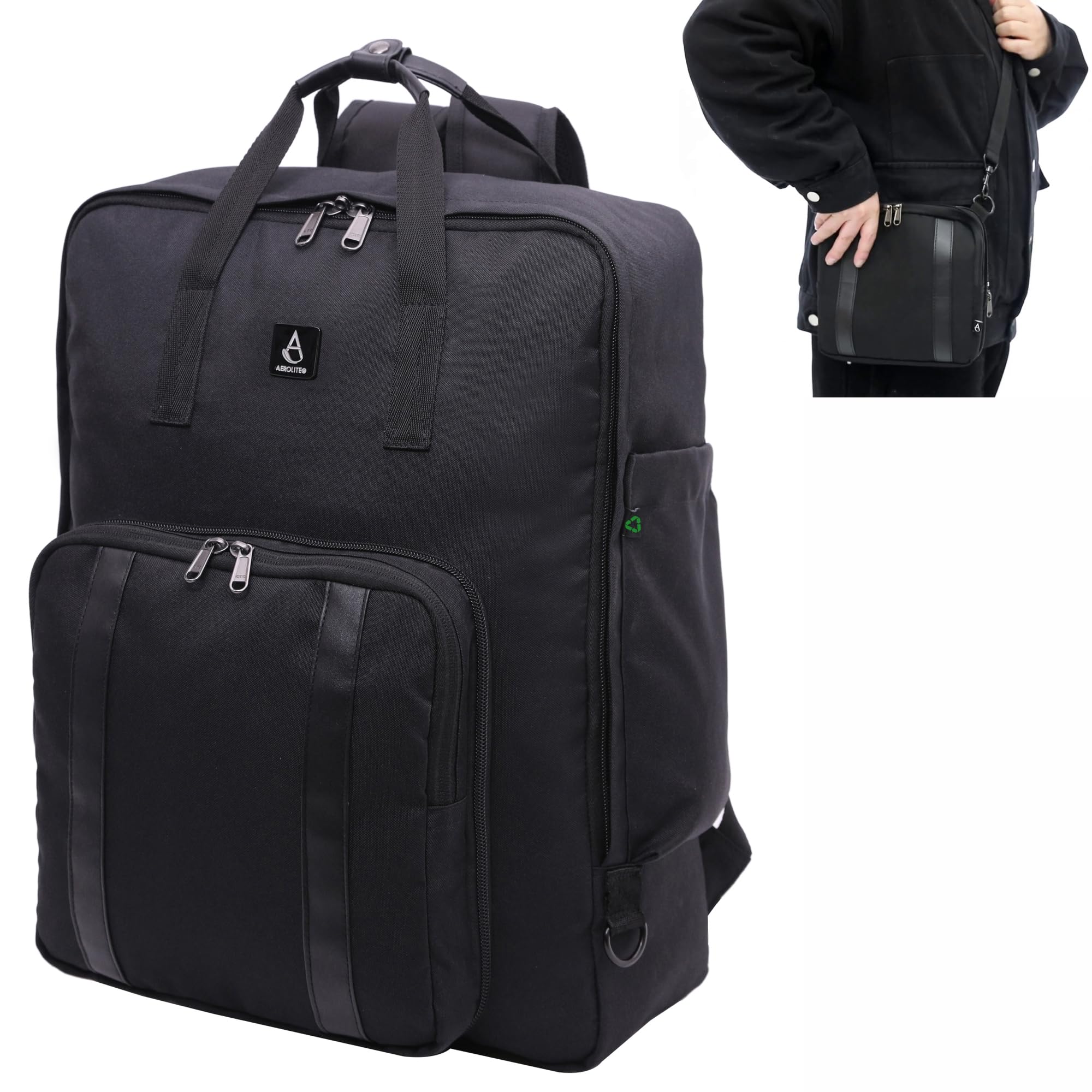 Aerolite 45x36x20cm Easyjet Maximum 32L Eco Friendly Backpack with Removable Small Carry Pouch Travel Carry On Hand Cabin Luggage Flight Rucksack Bag 45x36x20 Easyjet Approved Black