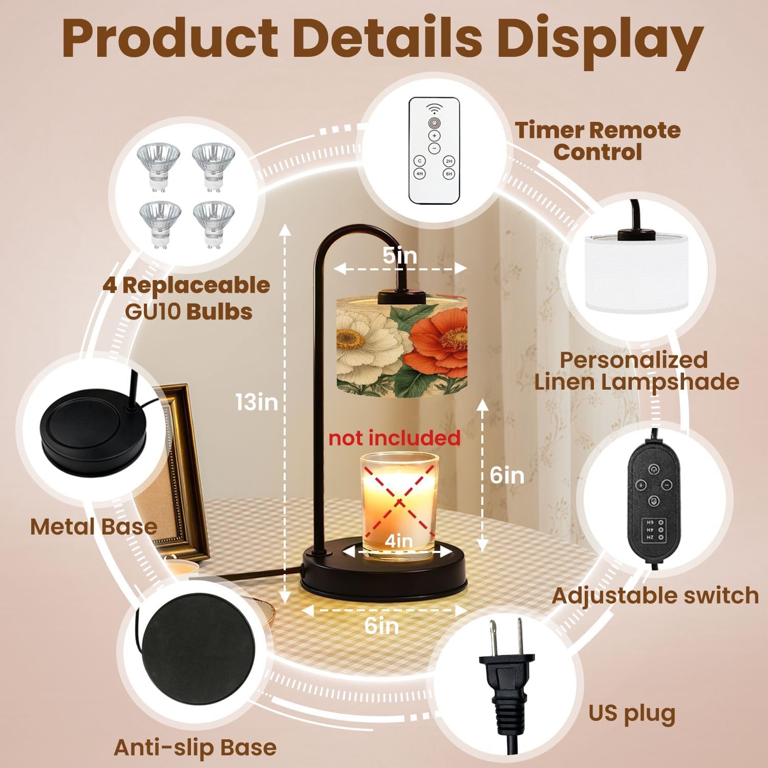 Candle Warmer Lamp with Timer and Dimmer, Boho Brown Green Orange Peony Floral Vintage Flowers Red Flower White Wax Melt Warmer with 4 Bulbs, House Warming Birthday Gifts for Women Mom New Home Decor