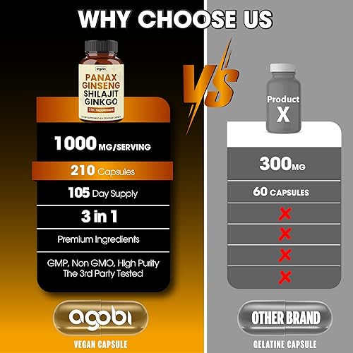 Miniatura 4 de agobi Suplemento de Panax Ginseng de 1000 mg con Shilajit y Ginkgo - 210 cápsulas veganas - Fórmula súper concentrada para producción de energía,