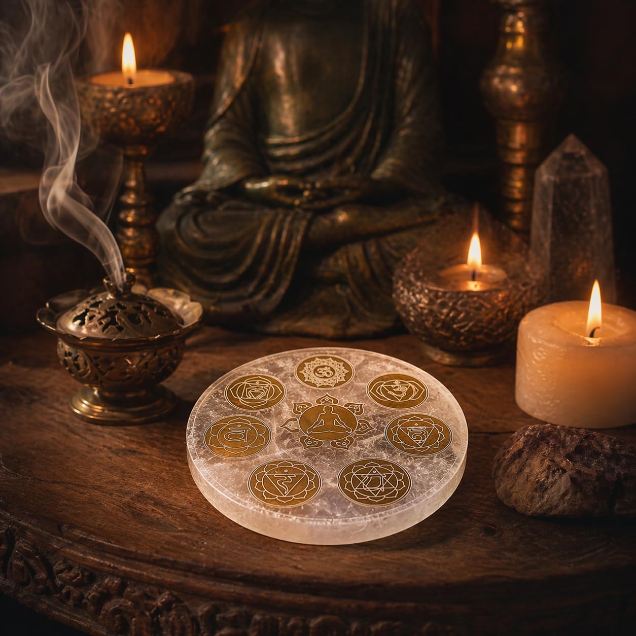 NKlaus Piastra Chakra in Selenite Ø 15 cm Incisa con i 7 Simboli Chakra e Figura Meditativa