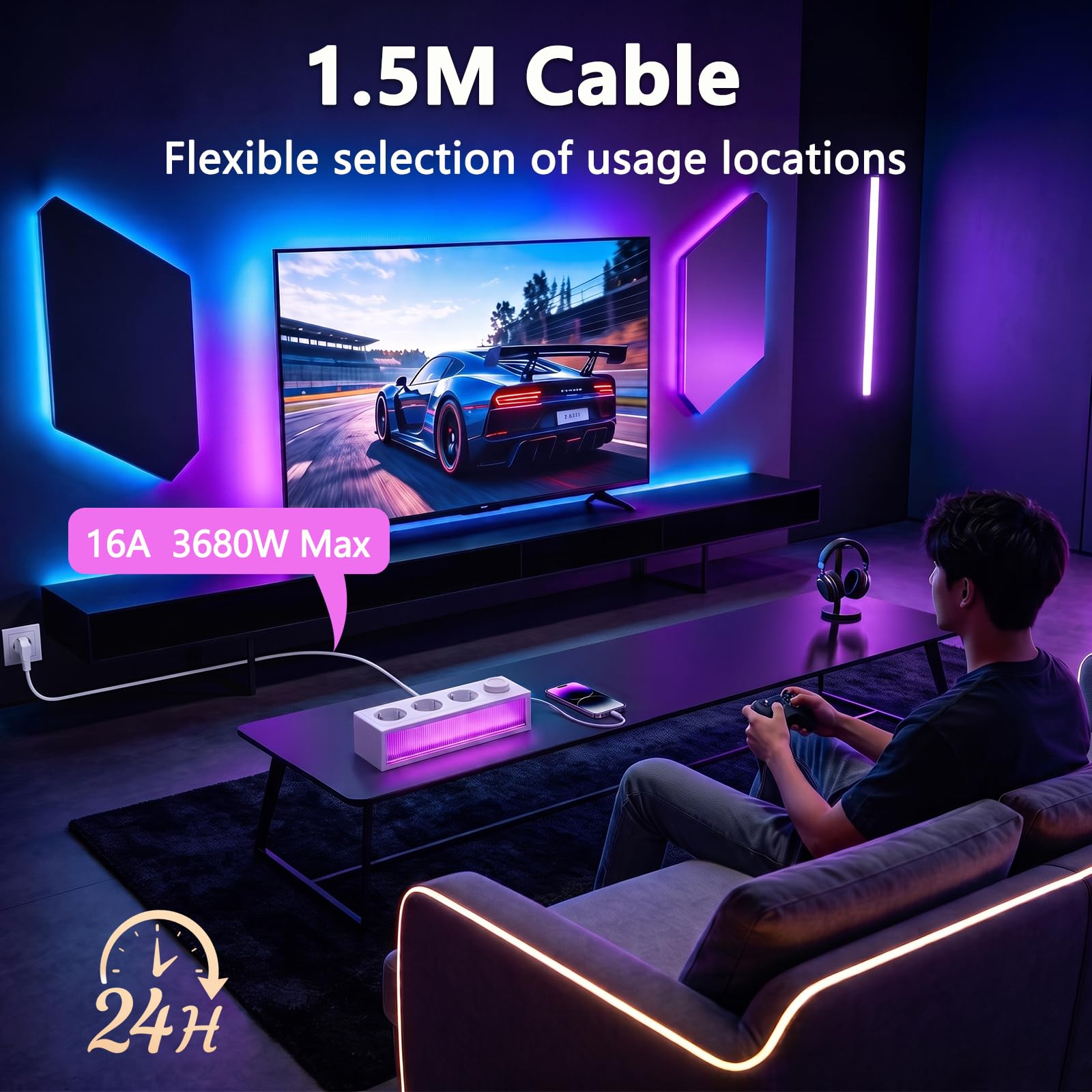 Listwa zasilająca z białym światłem RGB, 7 w 1 gniazdo wtykowe (3 gniazda, 3 USB), gniazdko + światło neonowe + lampka nocna, 3680 W, wtyczka wielokrotna z ochroną przed przepięciem, kabel 1,5 m, do
