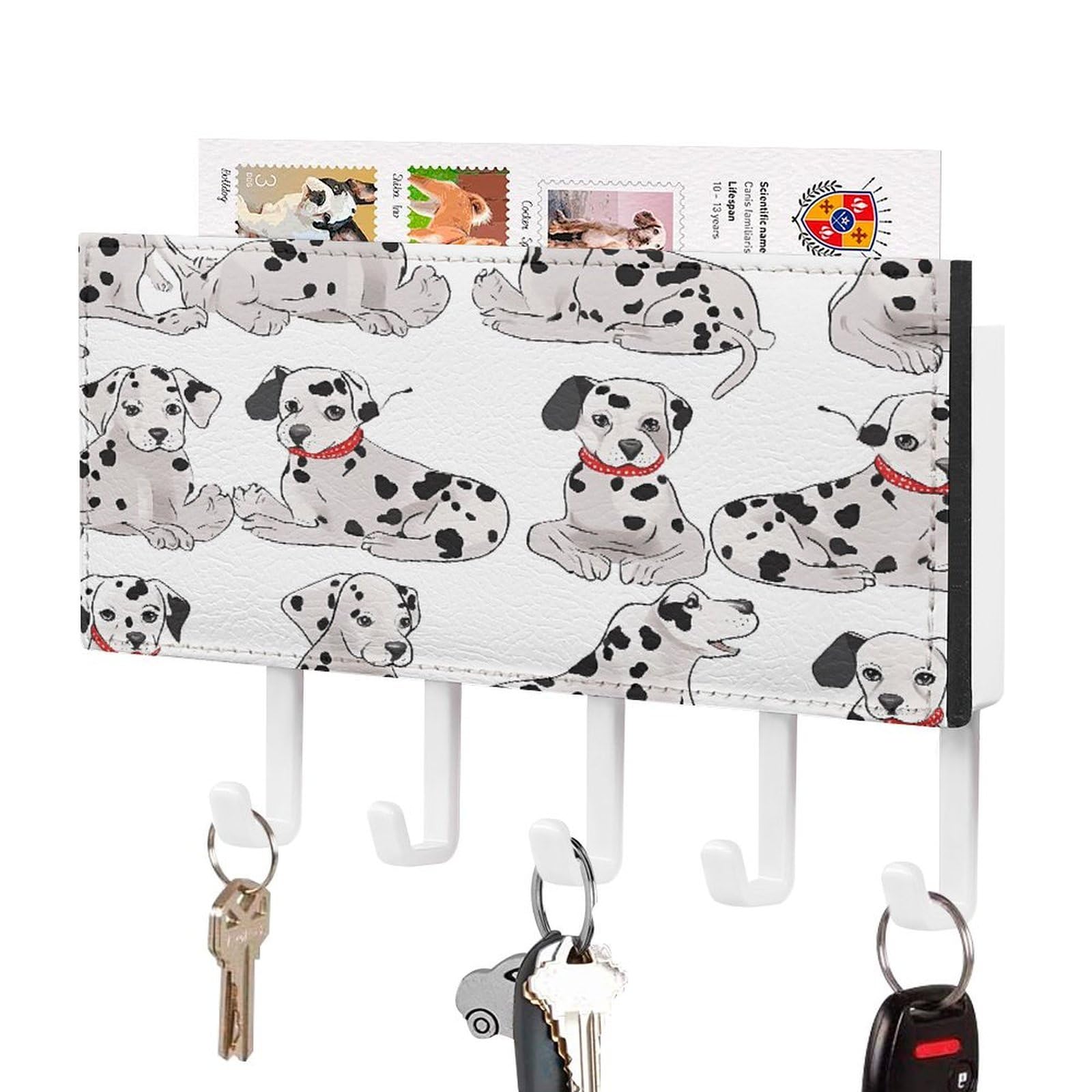 VstaDank Cute Dalmatian Key Holder for Wall Key Holder Wall Mount Adhesive with Mail Organizer Tray Adhesive Metal Key Rack with 5 Hooks Hanger PU Leather Key Hanger for Entryway