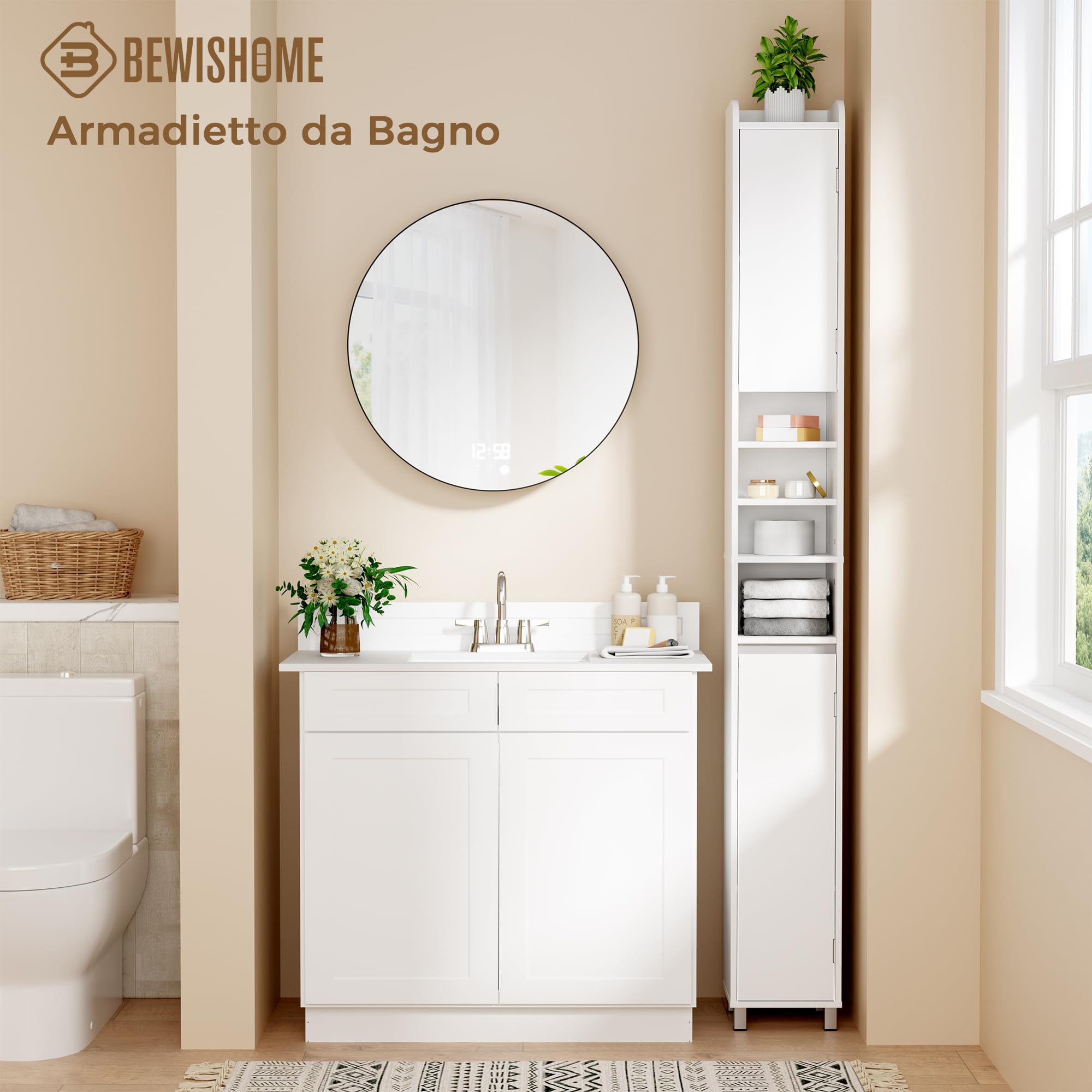 BEWISHOME Mobile Bagno Alto Stretto Mobiletto Bagno Salvaspazio 20x20x180cm | Mobiletto con Ripiani Aperti Cassetto e Ripiano Regolabile Armadietto per Piccoli larghi