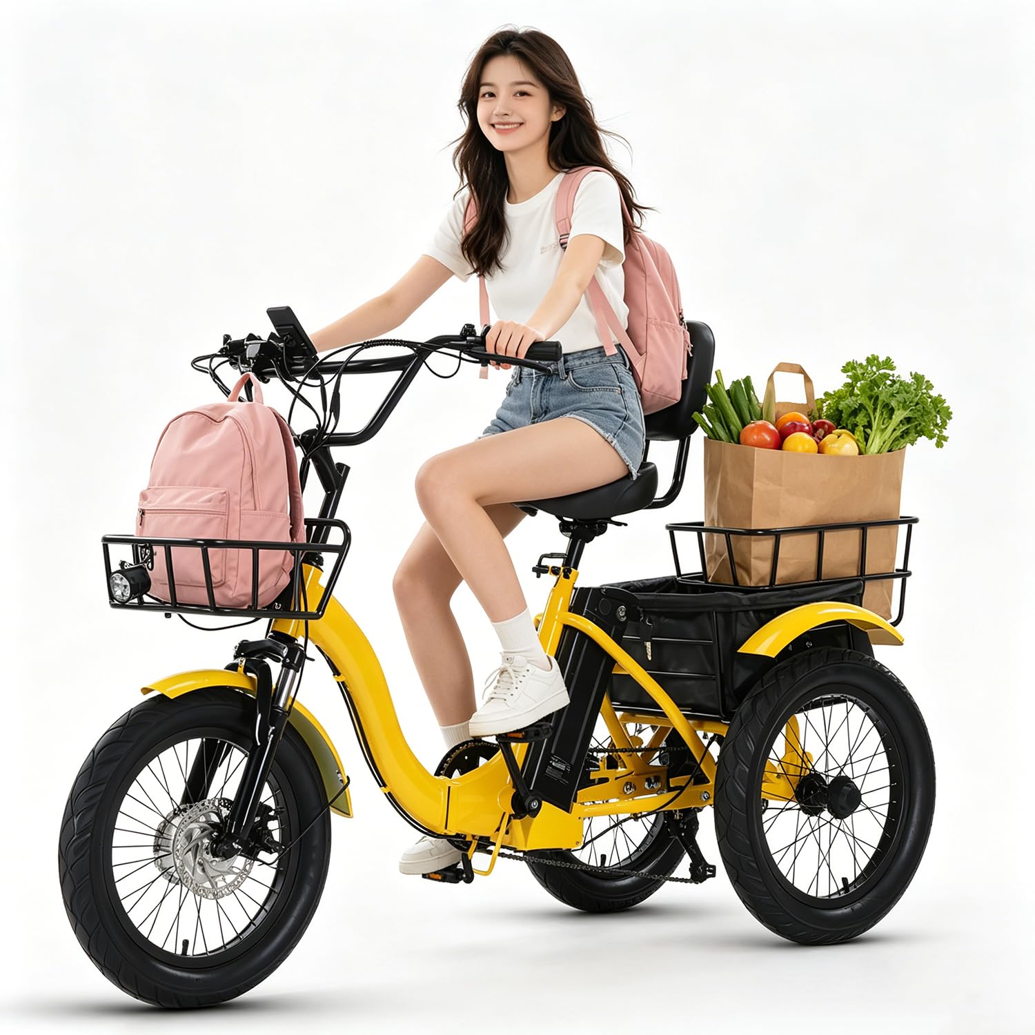 Tricycle Électrique Adulte Pliable 18", Vélo Électrique 3 Roues Stable, 3 Modes Conduite, Pneus Larges 18×3.0, Panier Avant Arrière, Charge Max 150kg, Idéal Courses, Ville, Seniors Mobilité Yellow