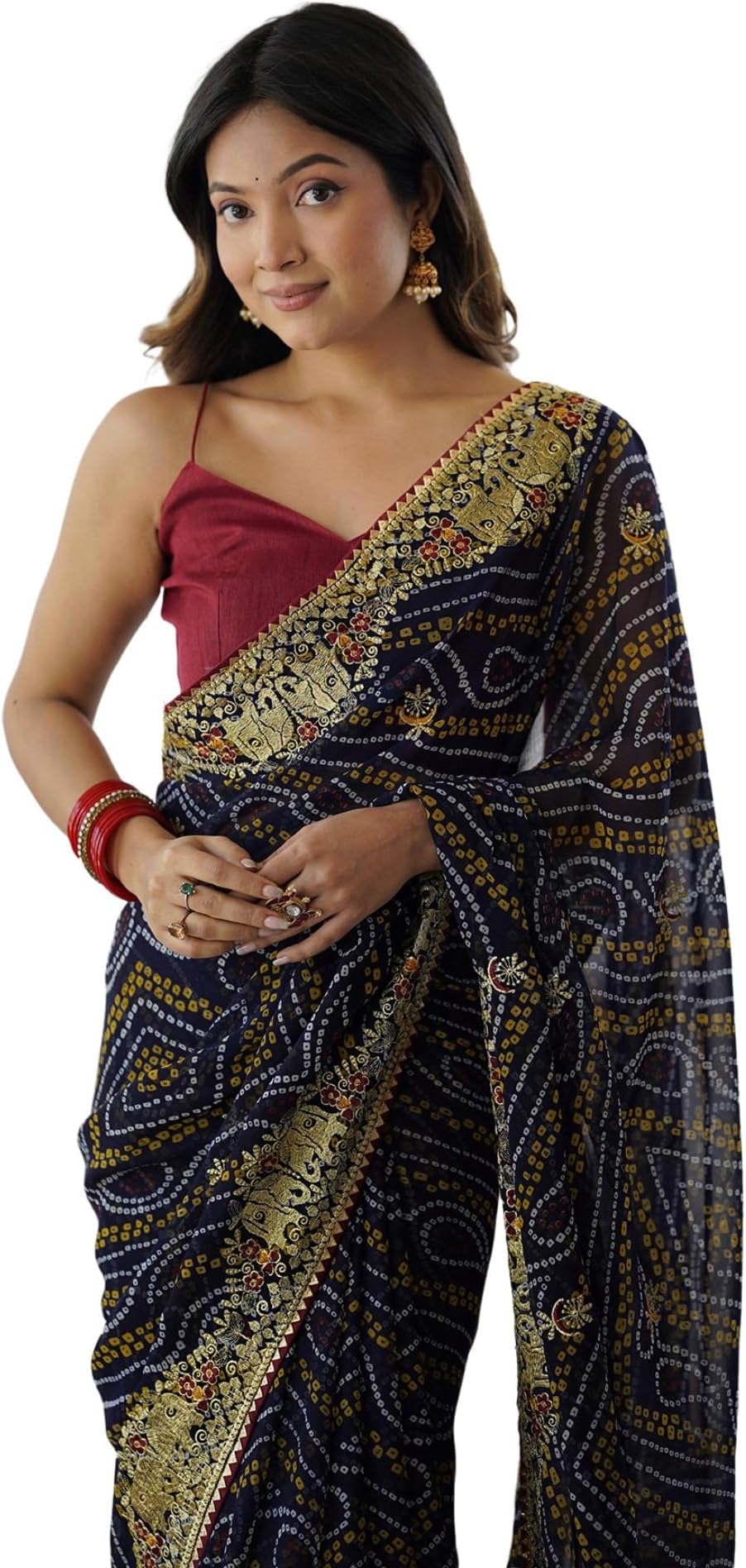 Women's Georgette Bandhani Printed and Embroidery Lace Saree With Unstitched Blouse Piece