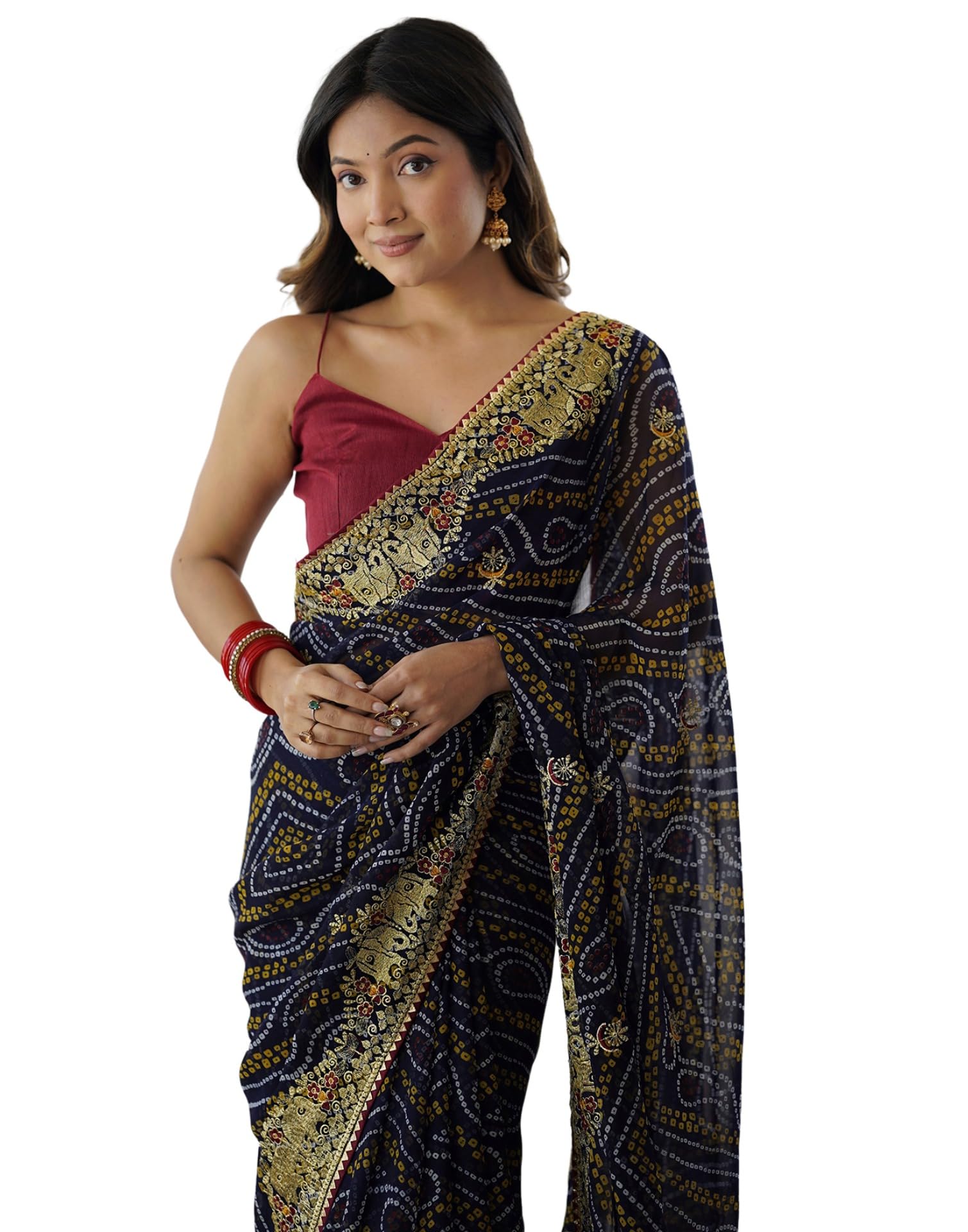 SIRIL Women's Georgette Bandhani Printed and Embroidery Lace Saree With Unstitched Blouse Piece