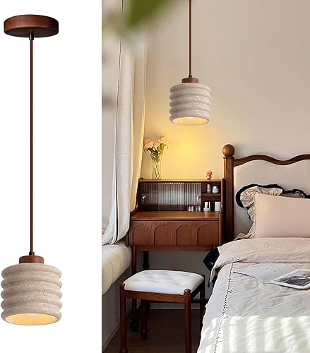 Lámpara colgante japonesa Wabi sabi con pantalla de piedra natural, lámpara colgante de madera moderna regulable, lámpara colgante de altura