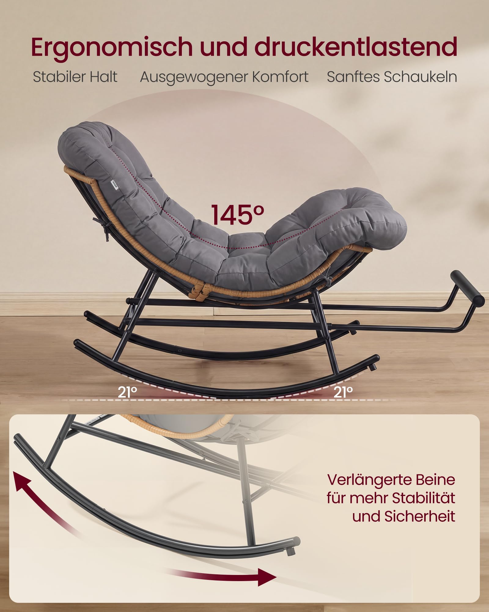 VASAGLE Schaukelstuhl, Schaukelsessel, Relaxsessel, Stahlgestell, ausziehbare Fußstütze, abnehmbares Kissen, bis 136 kg belastbar, Schlaf-, Wohnzimmer, Terrasse, Garten, grau LYY062GZ01