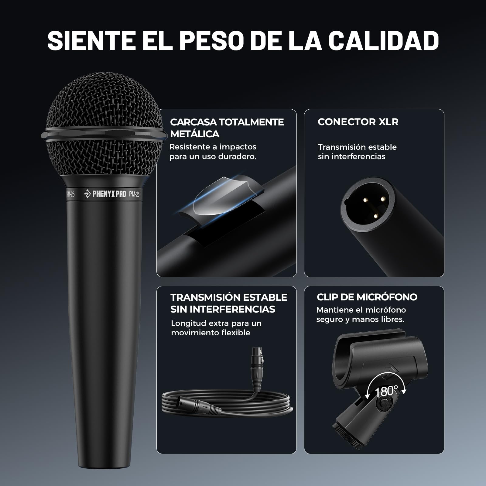 Phenyx Pro Micrófono Vocal Dinámico Cardioide XLR PM-25 | Patrón cardioide, Mic de mano dinámico, Cable XLR de 5 m, Clip de micrófono, Bolsa de transporte, Canto, Escenario