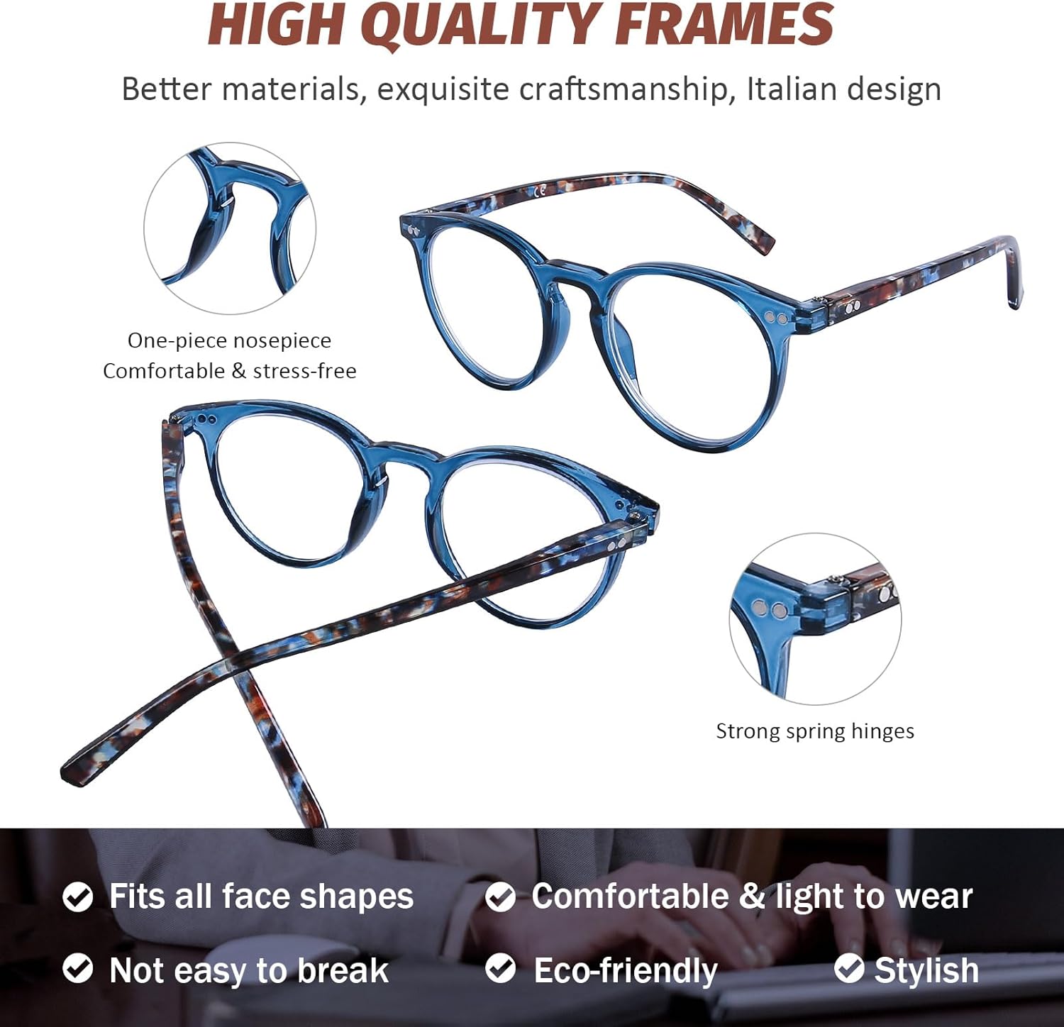DOOViC Reading Glasses Blue Light Blocking 4 Pack Fashion Round Computer Readers for Women Men Anti Eye Strain Blue Light Reading Glasses 2.25