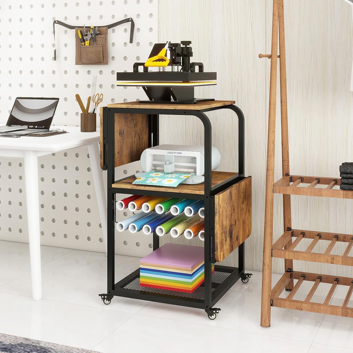 PUNCIA Movable Heat Press Table with Vinyl Roll Holder Stand for Heat Press with Folding Shelf DIY Sublimation Machine Workbench with Storage Rolling Craft Table Heat Transfer Cart with Wheels