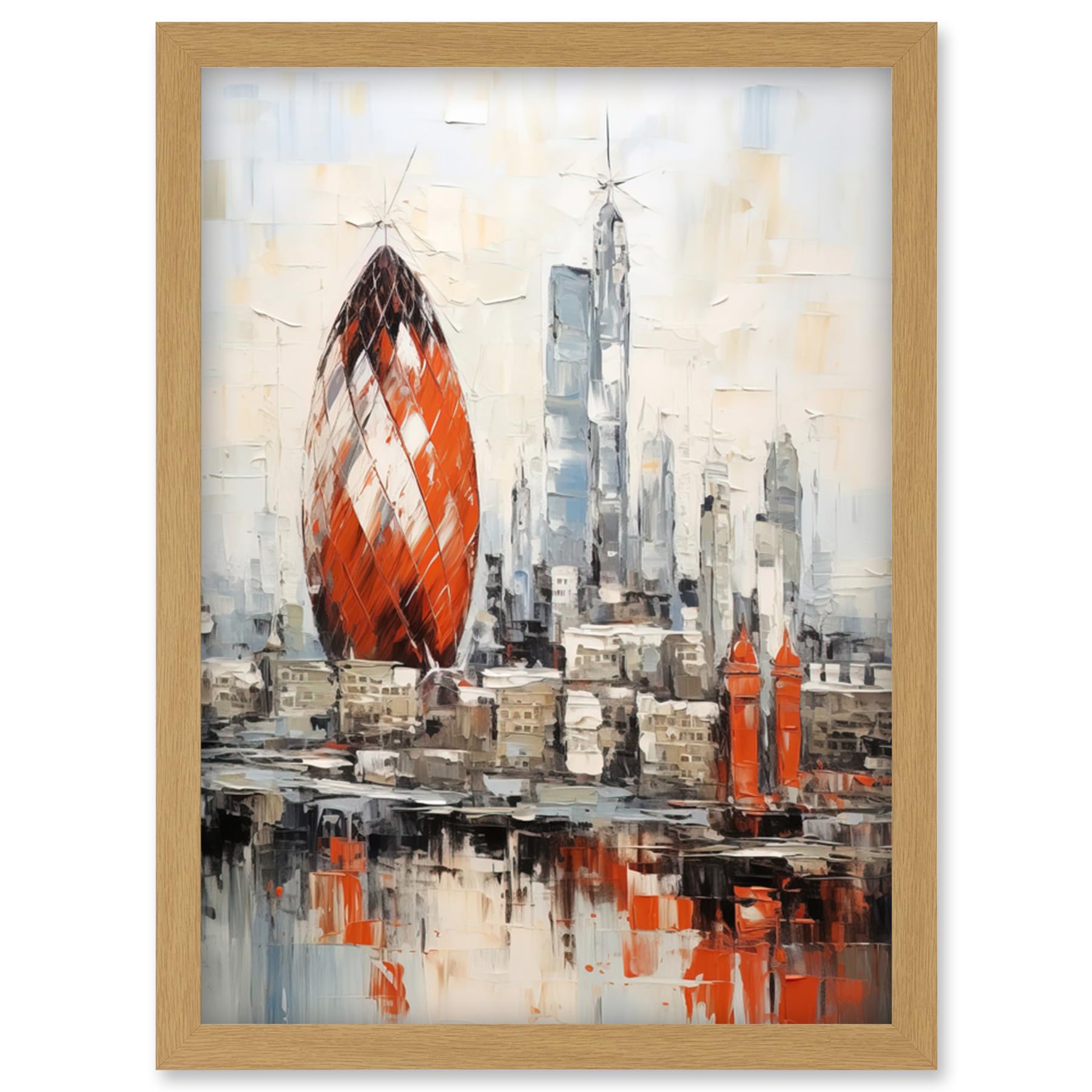 Artery8 London Skyline Abstract Oil Painting - Red Gherkin Building - River Thames - England City Artwork - Framed A4