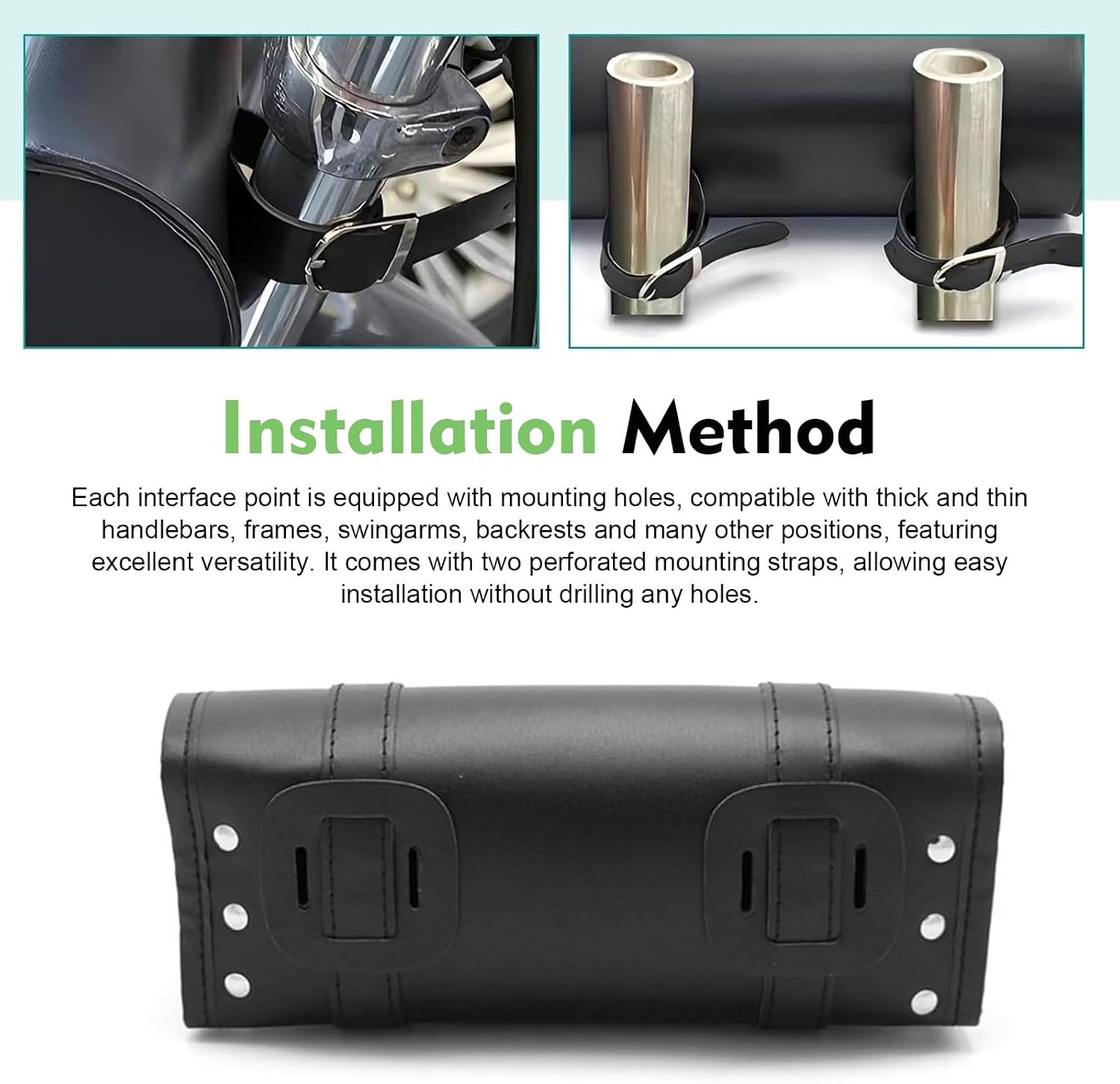 Motorcycle Fork Bag, PU Leather Front Handlebar Saddle Bags, Waterproof Water-resistant Sissy Bar Storage Pouch, Universal for Most Motorcycles, Bikes (Black)