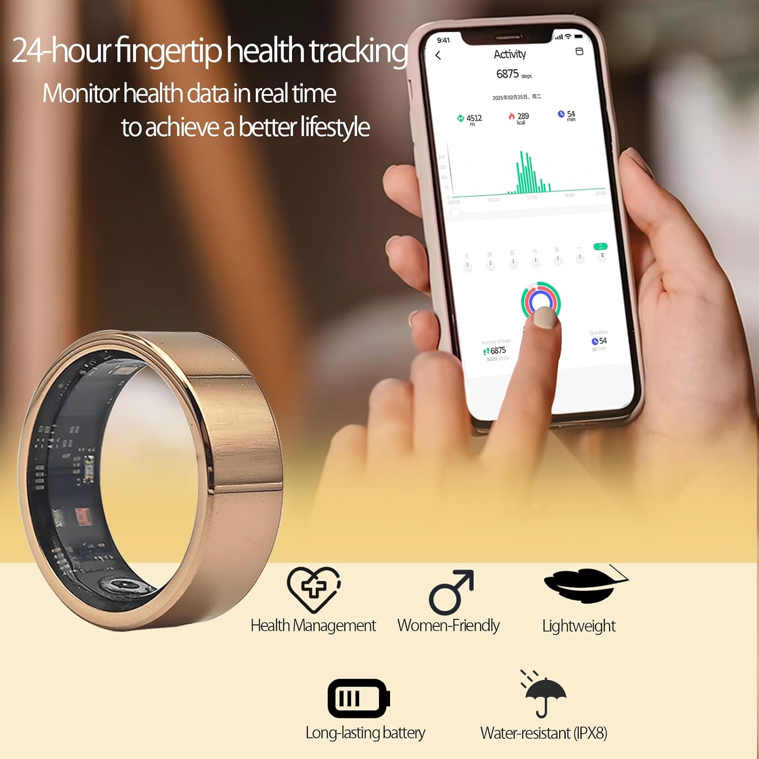Smart Ring, Sleep & Activity Tracker, 5-Day Battery, iOS/Android Compatible(Sliver, #10)