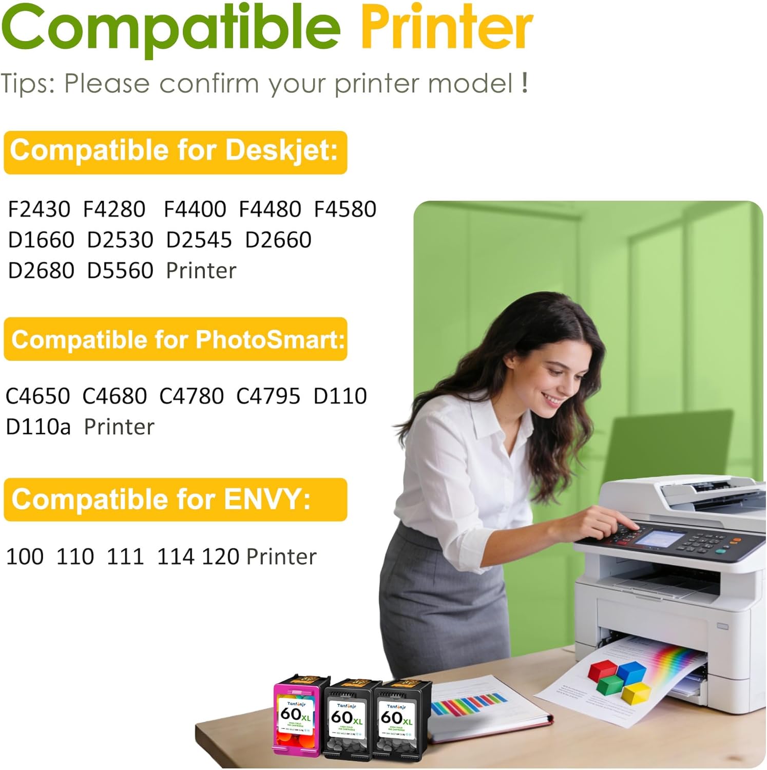 60XL Ink Cartridges Combo Pack Replacement for HP Ink 60 60 XL Work for PhotoSmart C4780 C4680 C4795 C4640;Deskjet F4480 F4440 F2430 ;Envy 110 120 111 114 Printers 3-PK (2 Black, 1 Tri-Color)