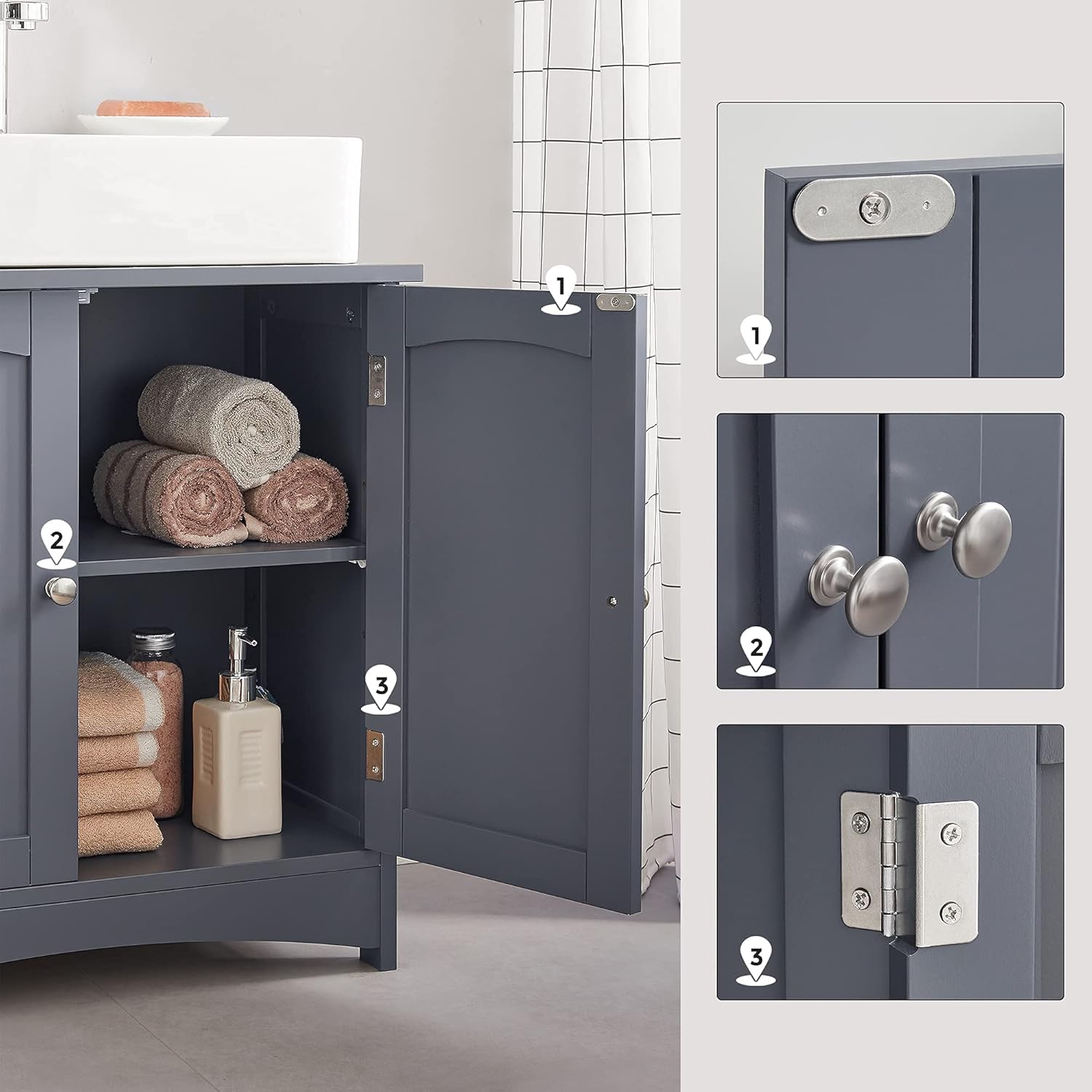 Close-up of cabinet door details: magnetic catch, handles, hinges