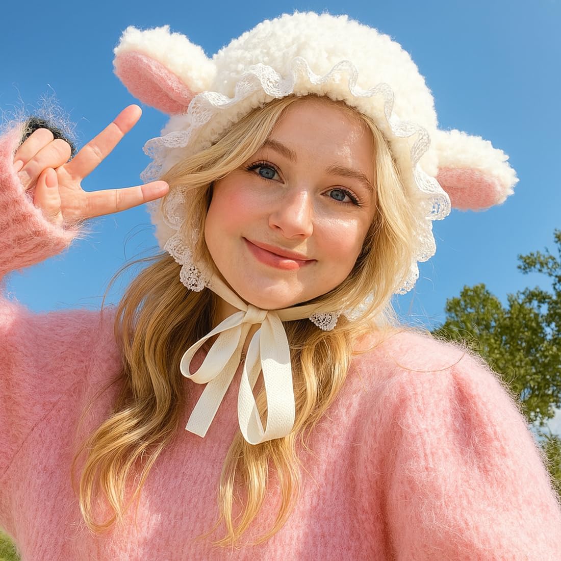Cute Sheep Hat Lamb Hat for Girls Lamb Ears Costume Y2k Beanie Kawaii Cap Winter Headwear