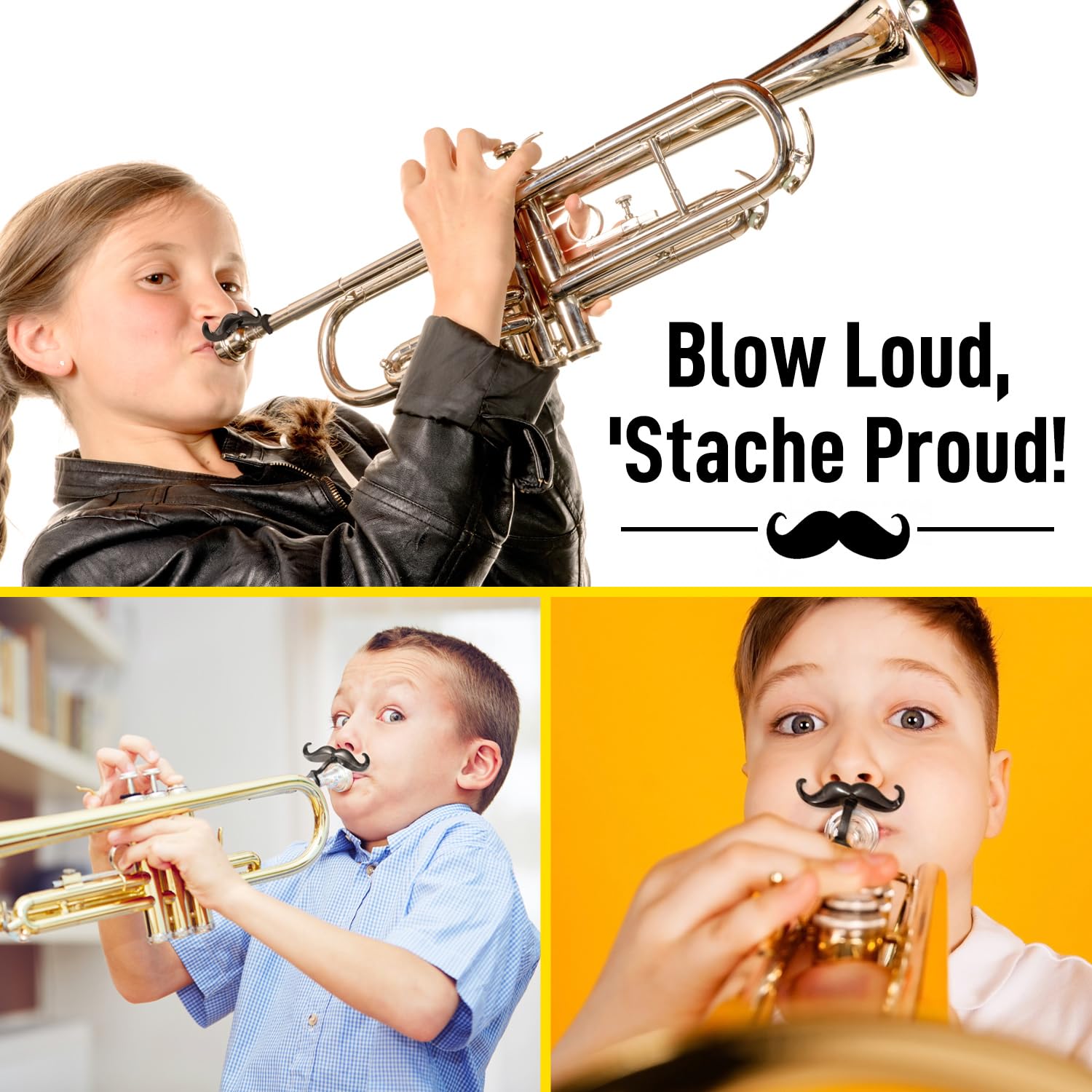 Clip-On Mustache For Trumpets & Trombones - Includes Protective Case - Fits All Small Shank Mouthpieces - Perfect Accessory For Young Musicians - Mouthpiece Not Included
