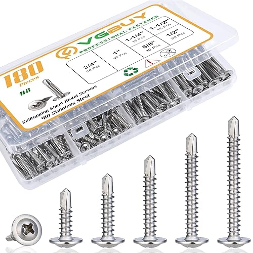 VGBUY Juego surtido de 180 tornillos de chapa #8, tornillos autorroscantes de acero inoxidable 410 para metal, tornillos autoperforantes, 6 tamaños