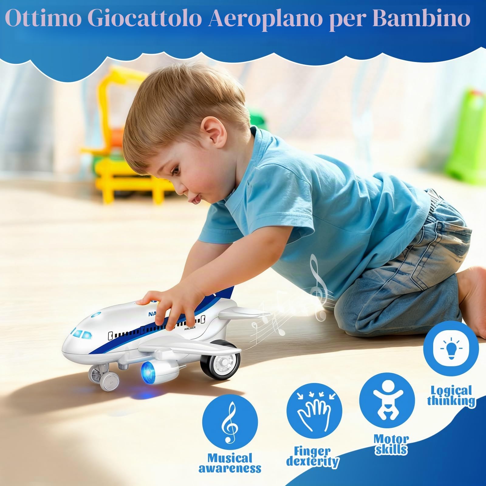 Aereo Giocattolo per Bambini di 3 Anni - Rotante a 360° Con Luci Lampeggianti, Musica e Suono - Elettrico, Regalo di Compleanno per Bambini Piccoli