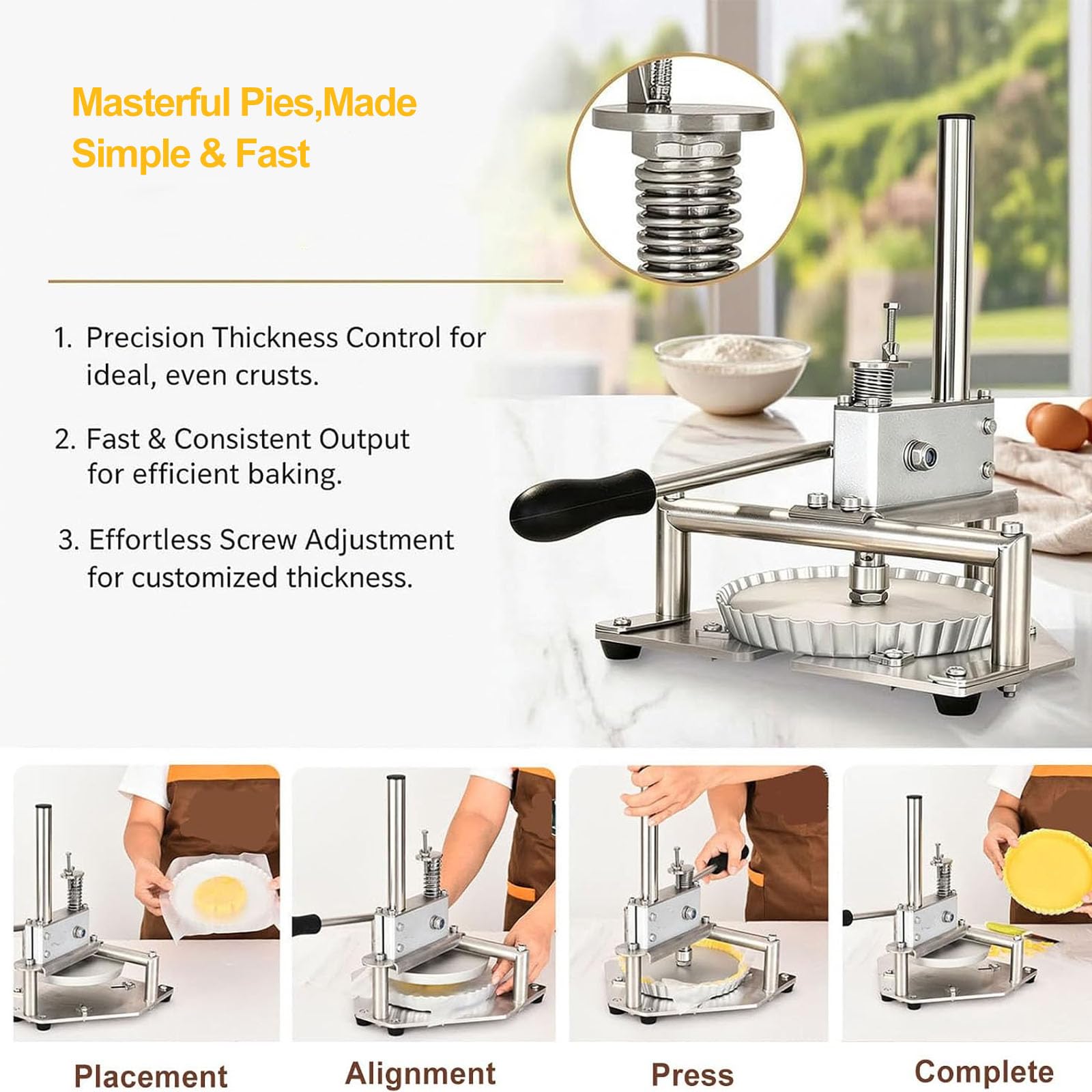 Pressa Manuale per Impasto Pizza, Pressa per Pizza in Acciaio Inox, Spessore Dellimpasto Regolabile, Ritorno Automatico, per Pizzerie, Snack Bar, Panetterie E Panifici