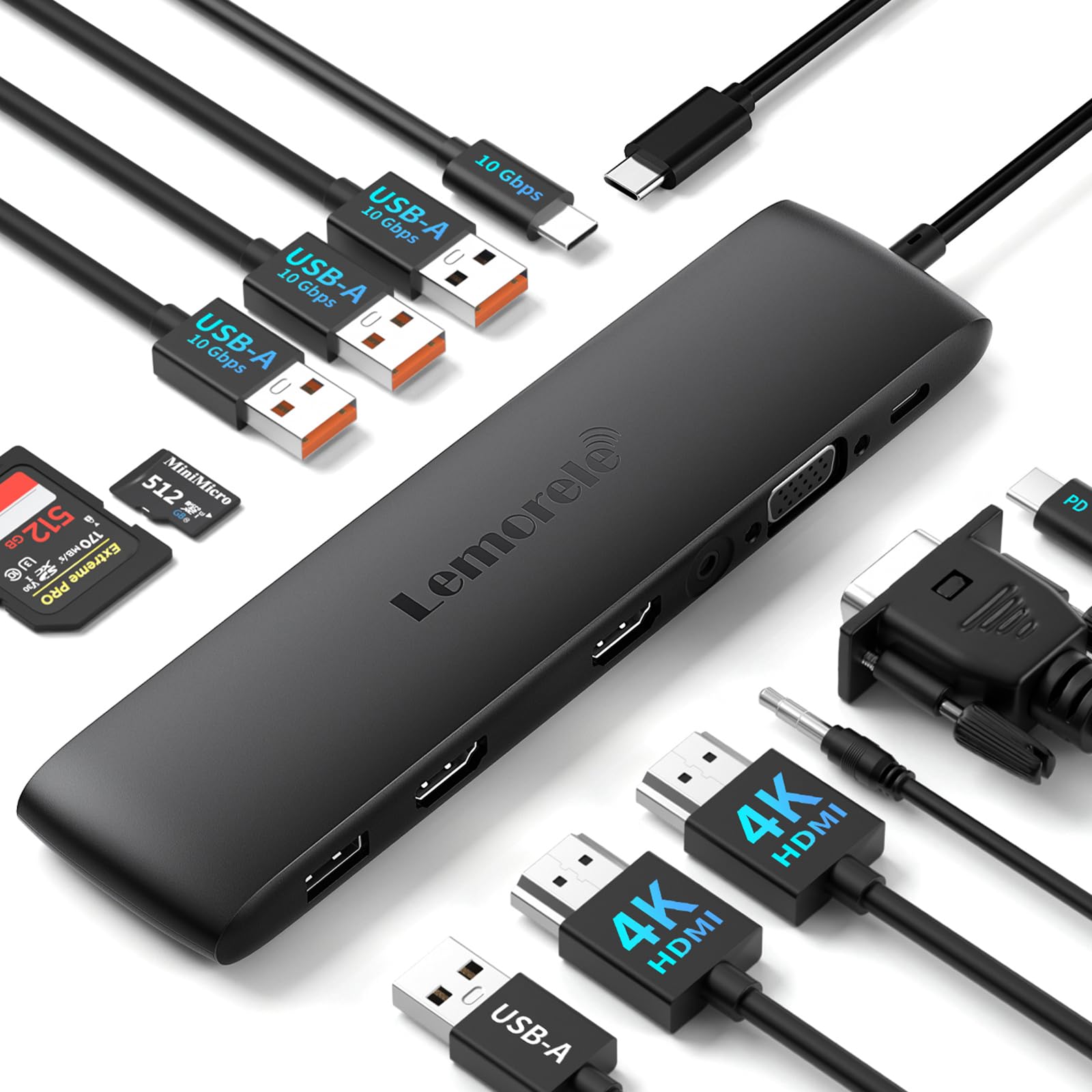 Lemorele 12 in 1 Laptop USB C Docking Station Dual Monitor Multiport Adapter HDMI Dock Triple Display with 2HDMI,VGA,4 10Gbps USB 3.1/2.0,USB C 3.1,PD,SD/TF,3.5MM for HP,Surface,MacBook Laptops