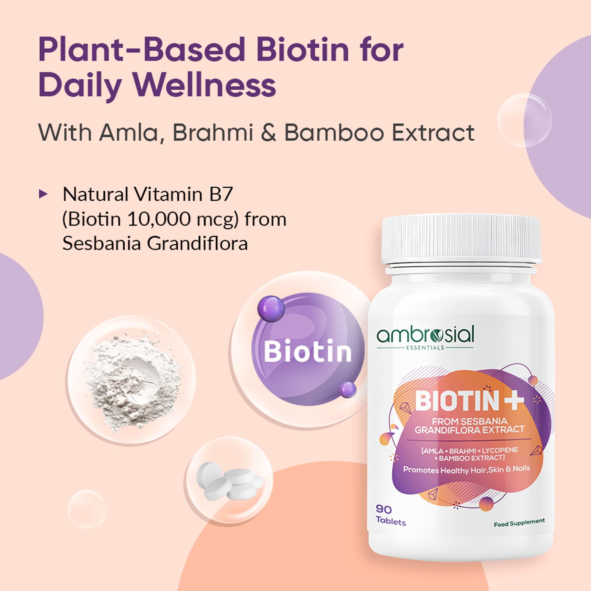 Ambrosial Biotin Tablets with Amla, Brahmi & Bamboo Extract | Plant-Based Biotin Supplement for Hair, Skin & Nails | Vegetarian Formula – 90 Tablets — Amazon image 2