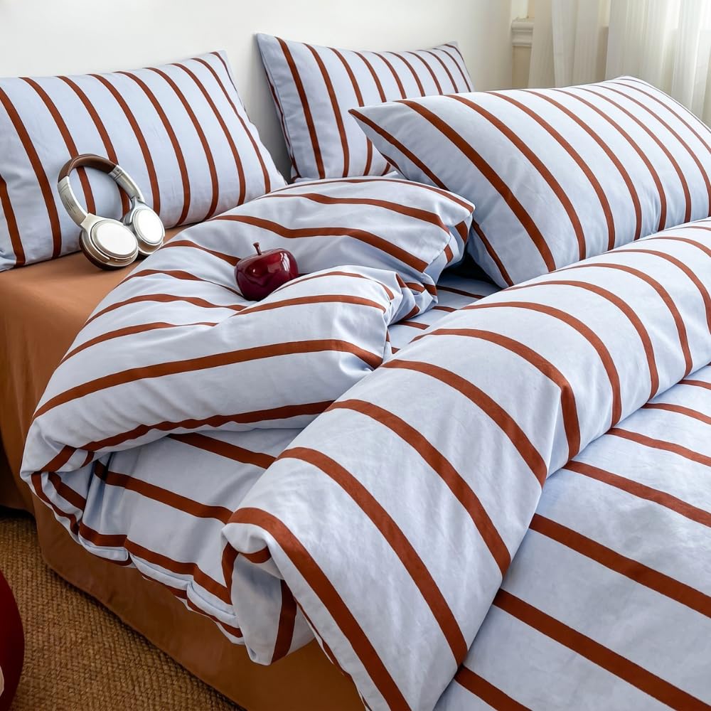 Michorinee Double Duvet Cover Blue Brown Stripe Striped Bedding Set Aesthetic Cute Vintage Double Bed Comforter Girls Soft Microfibre Quilt Cover 200x200 with Zipper Closure and 2 Pillowcases 50x75