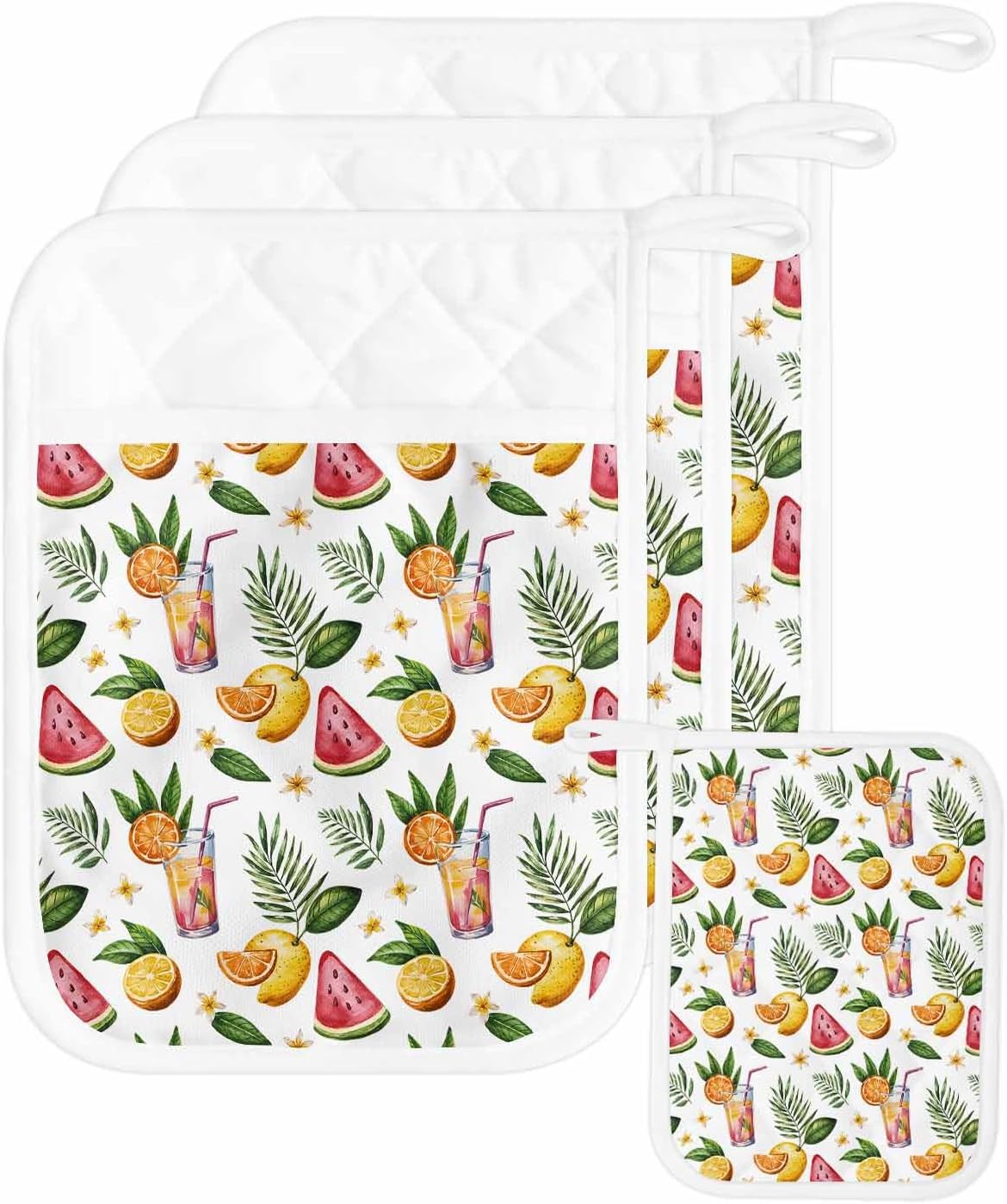 4PCS Pot Holders with Pocket for Kitchen, Summer Pot Holder Set Heat Insulation Potholders, Watermelon Starfish Ice Cream Starfish Lemon Oven Mitts Hot Pads for Baking Cooking Barbecue