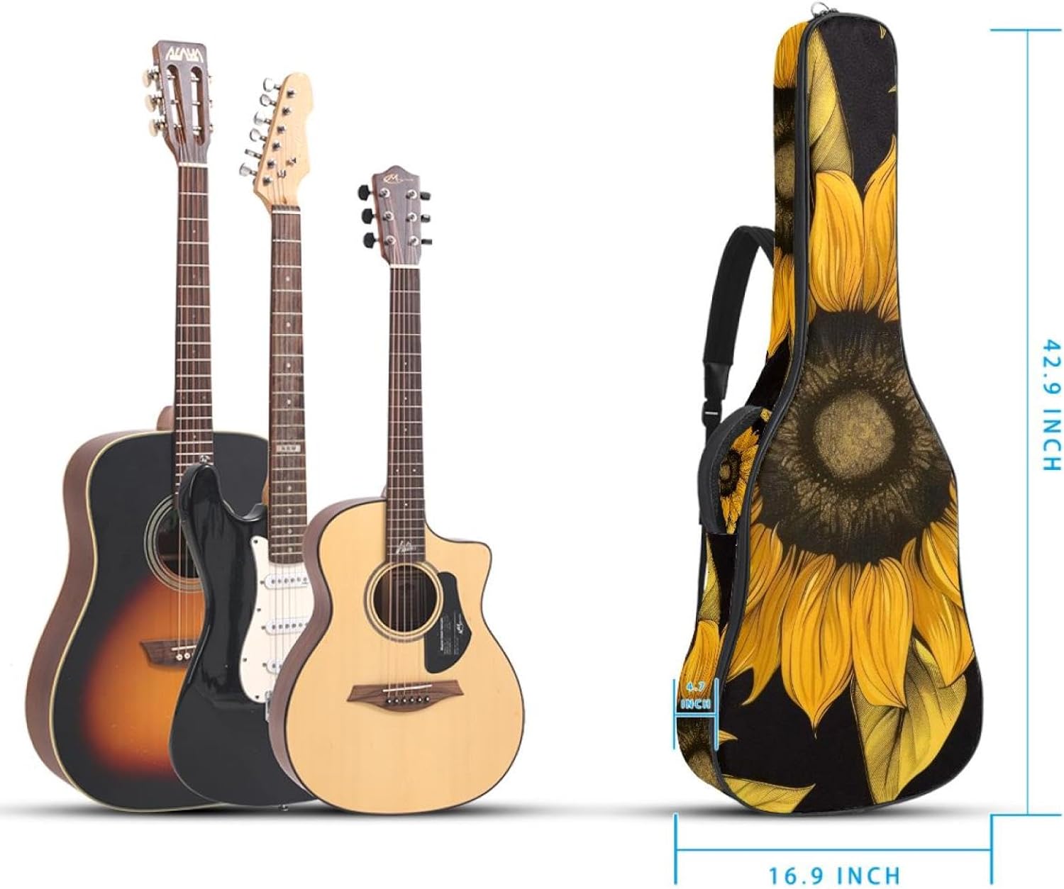 Acoustic Guitar Bag 0.4 Inch Thick Padding Waterproof Guitar Case Gig Bag for 40 41 42 Inch Electric Bass Classical Guitar, Yellow Abstract Sunflower Black Background