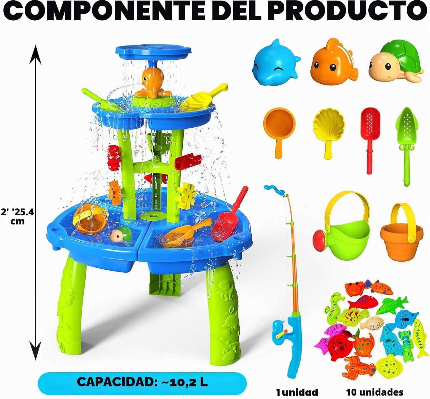 CozyBomB Mesa de juegos acuáticos para niños al aire libre de 3 pisos – Mesa de arena y agua con rueda de agua, aspersor y juego de pesca, juguete acuático para niños al aire libre a partir de 3, 4 y