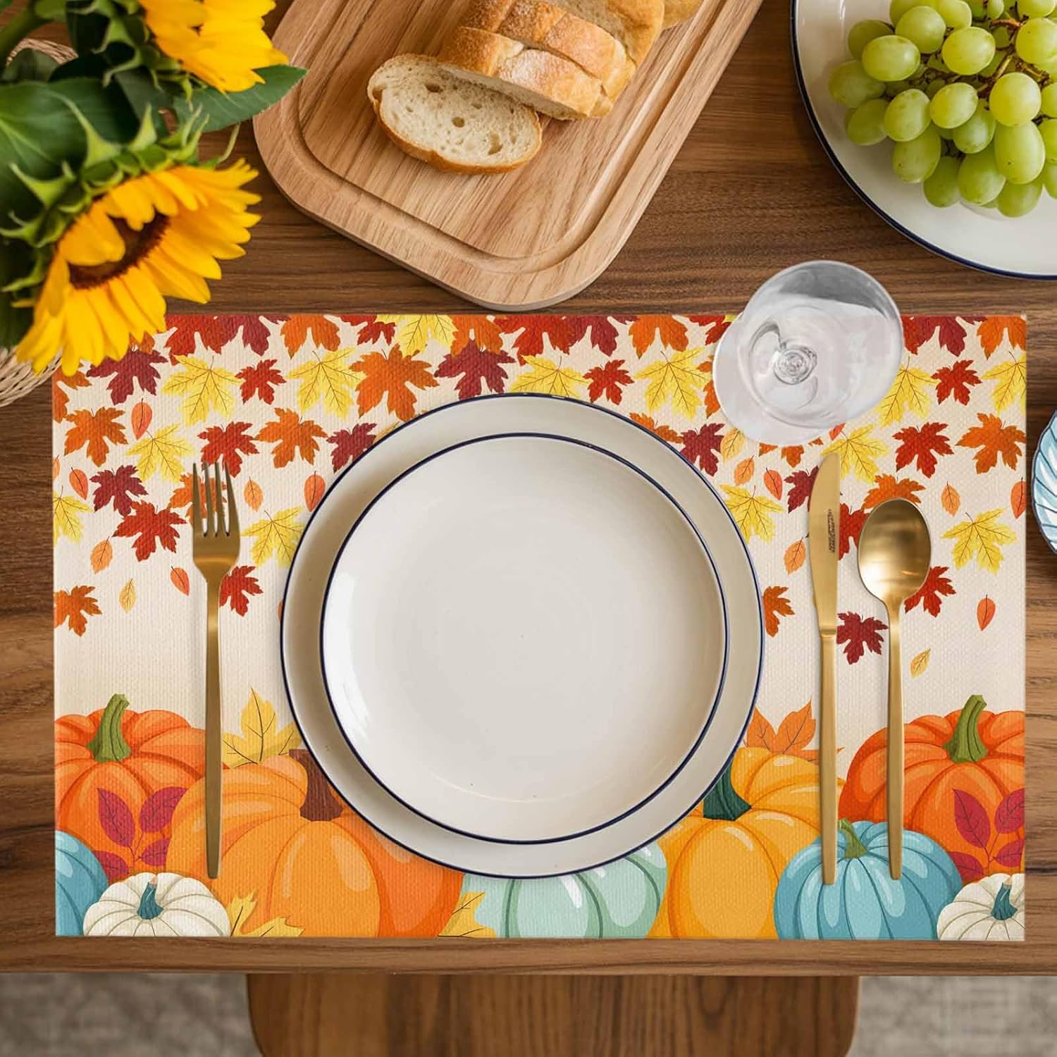 Kitchen Placemat Set 18x12 Inches,Placemats Set of 4,Thanksgiving Harvest Pumpkin Autumn Maple Leaves Table Mats for Home Kitchen Restaurant Thanksgiving Day Party Decoration,Washable