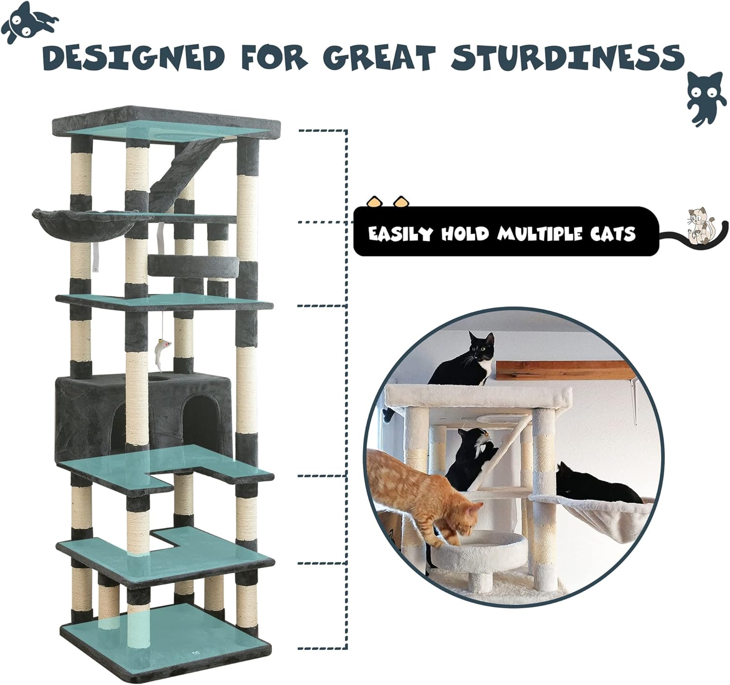 review MWPO 74.8 inches Large Cat Tree with Sisal-Covered Scratching Posts & Condo, Tall Cat Tower Entertainment Playground Furniture for Cats & Kittens - Multiple Colors-Smoky Gray