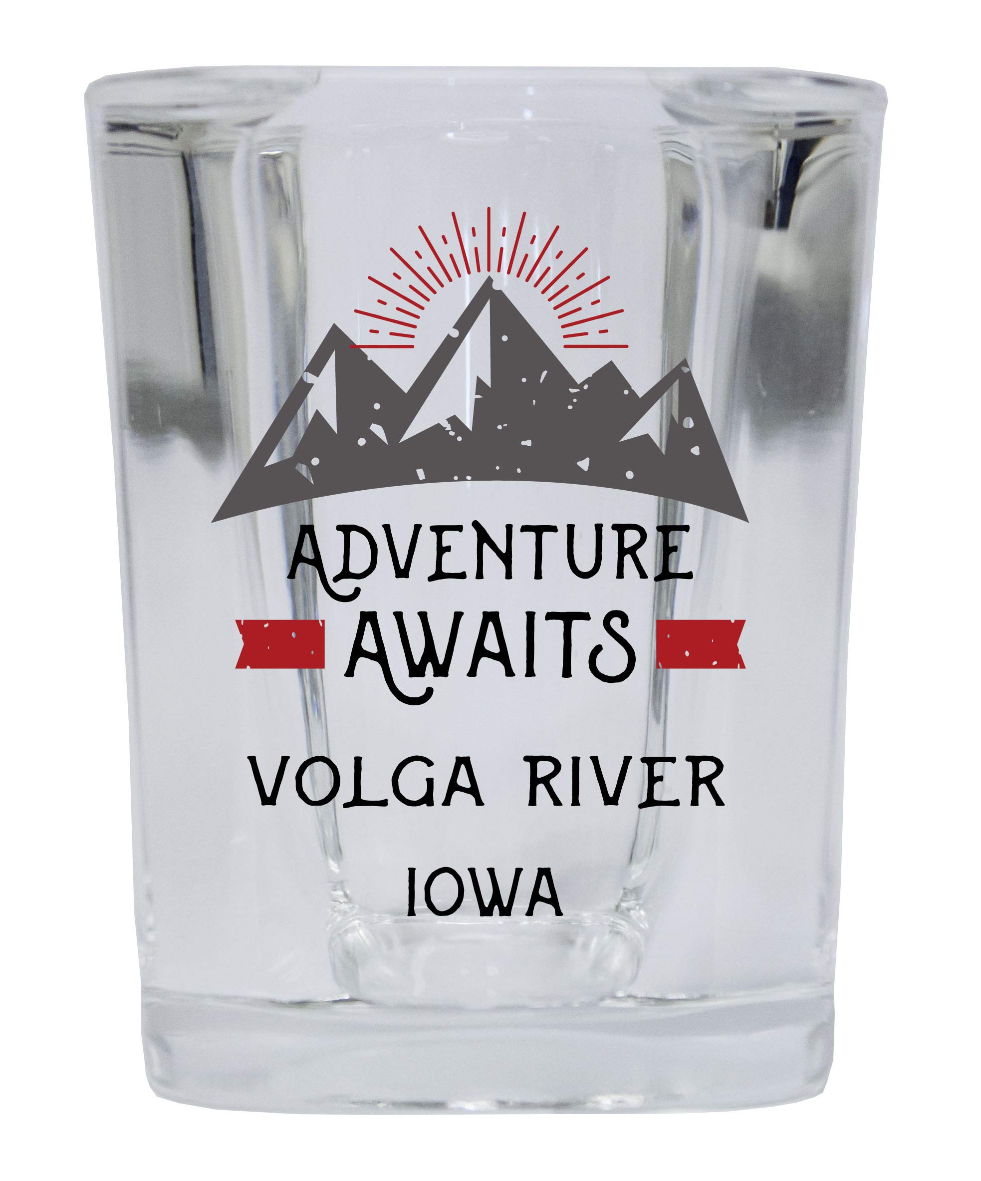 R and R Imports Volga River Iowa Souvenir 2 Ounce Square Base Liquor Shot Glass Adventure Awaits Design