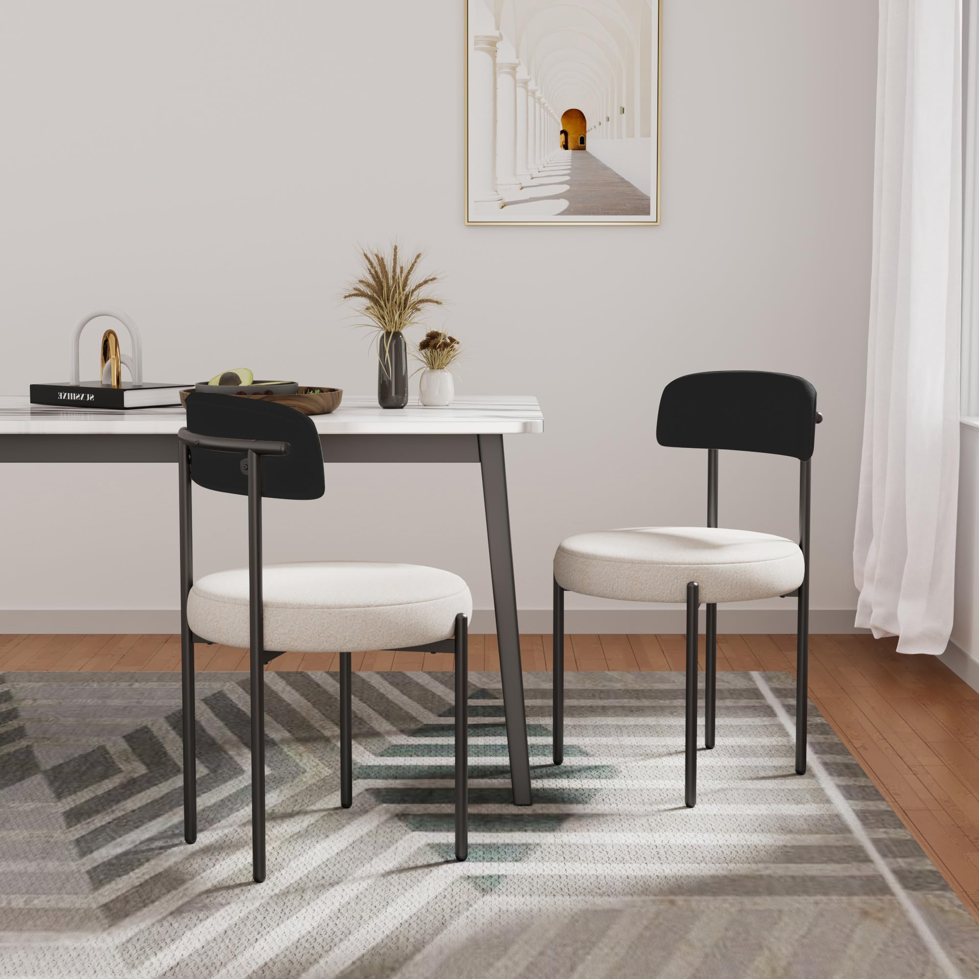 COCO DESIGN Black White Dining Chairs Set of 2, Modern Comfy Boucle Dining Room Chairs with Curved Backrest, Sherpa Upholstered Kitchen Dining Chair