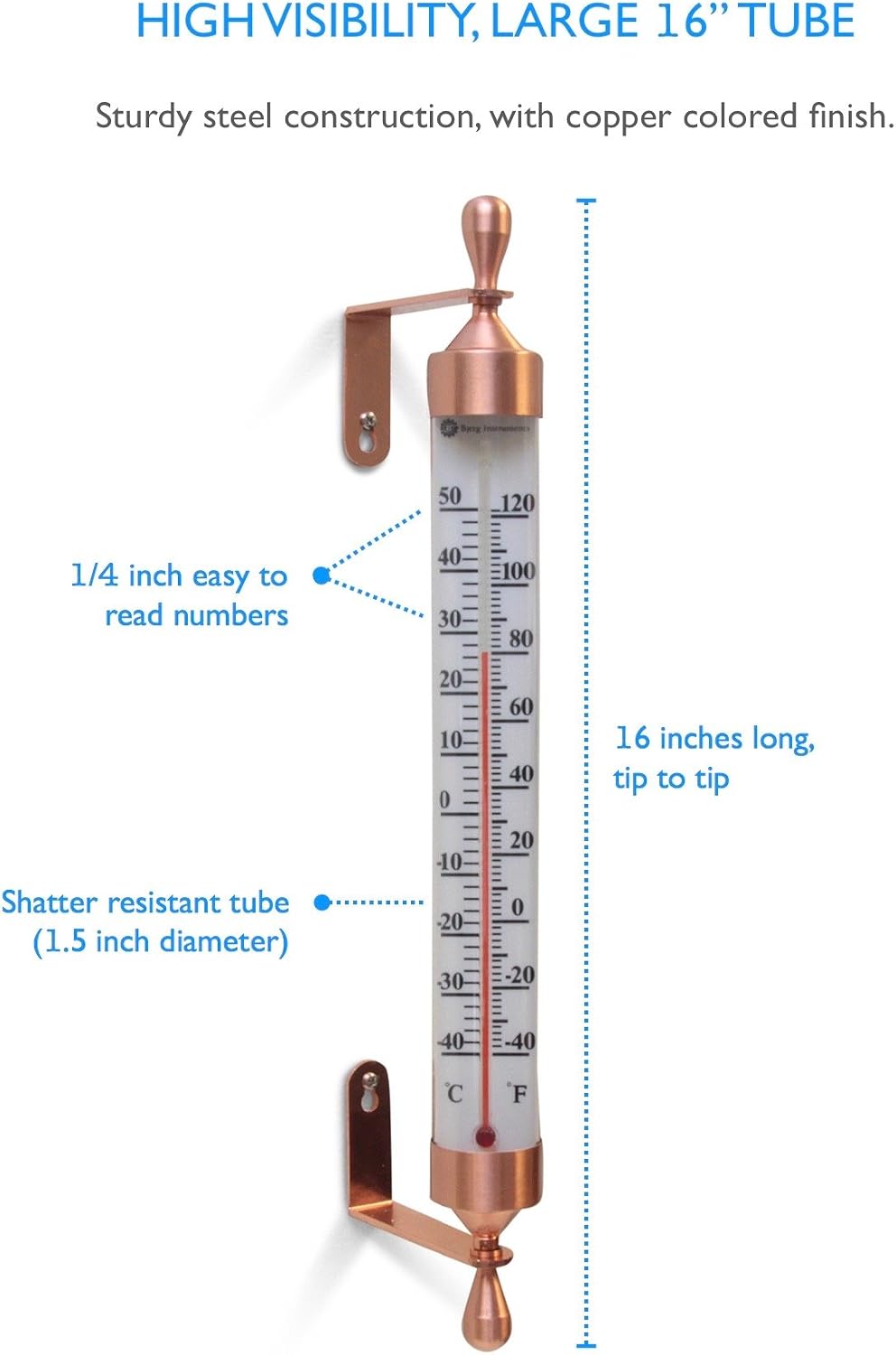 Bjerg Instruments Large 16 Inch Garden Tube Thermometer (Copper)