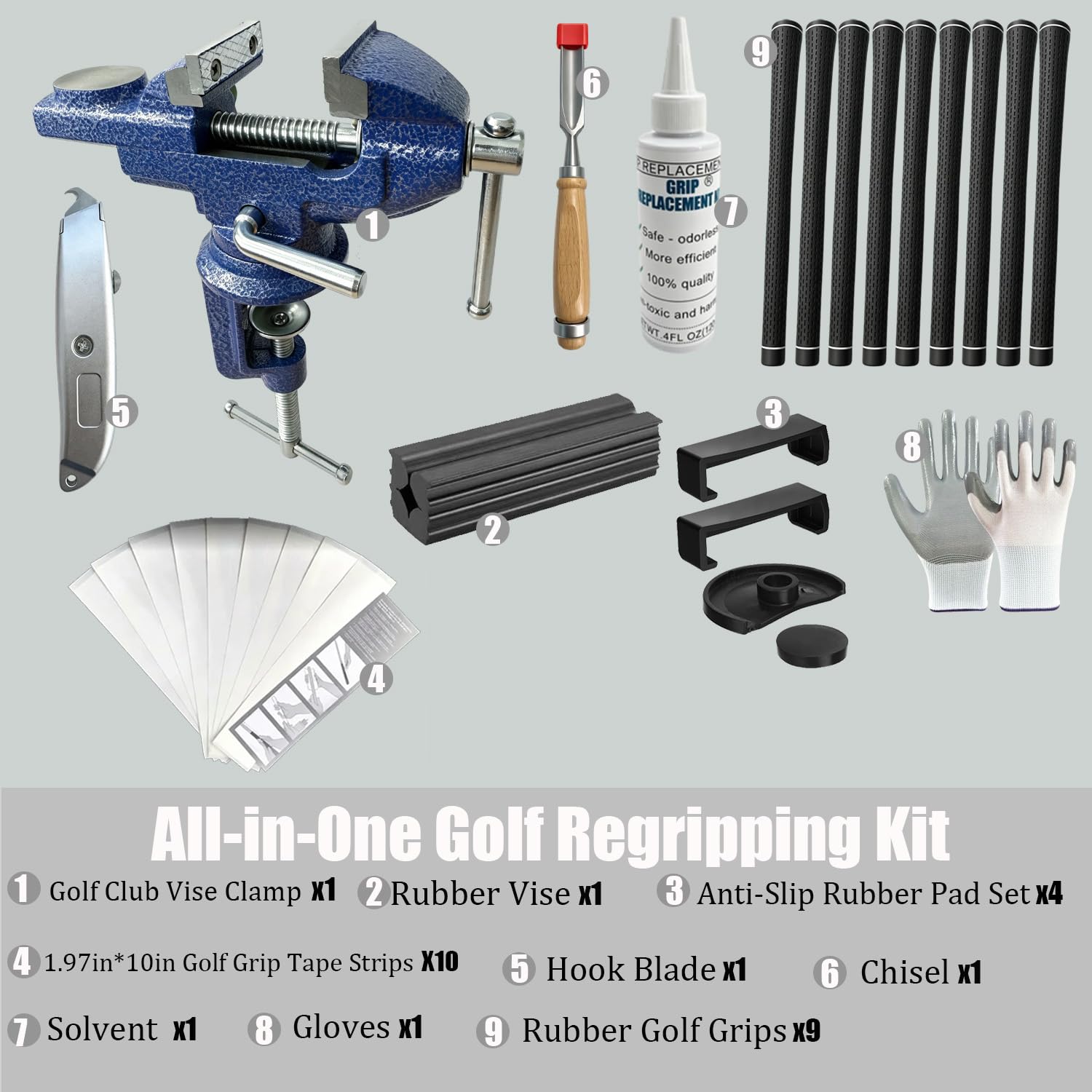 SirChic Kit de agarre de golf todo en uno para palos de golf de regripping - 9 agarres de goma, abrazadera de banco portátil, cuchillo de gancho, disolvente, 10 tiras de cinta, removedor de cinta