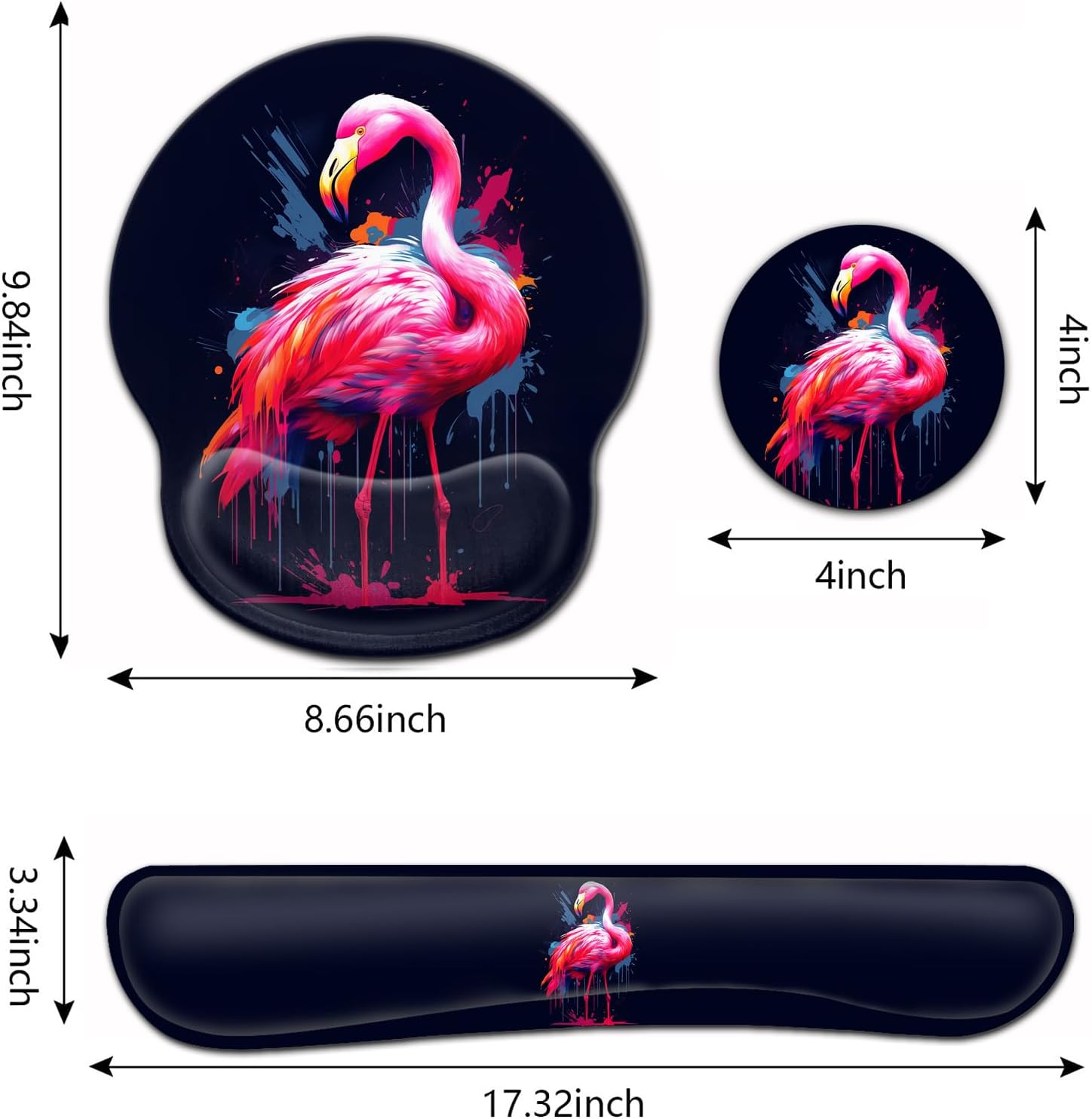 Ergonomic Gaming Mouse Pad Wrist Support and Memory Foam Keyboard Wrist Rest with Anti-Slip Base for Home Office Computer Desk Pad, Gel Black Mouse Pad, Watercolor Pink Flamingo Animal Desk Mat