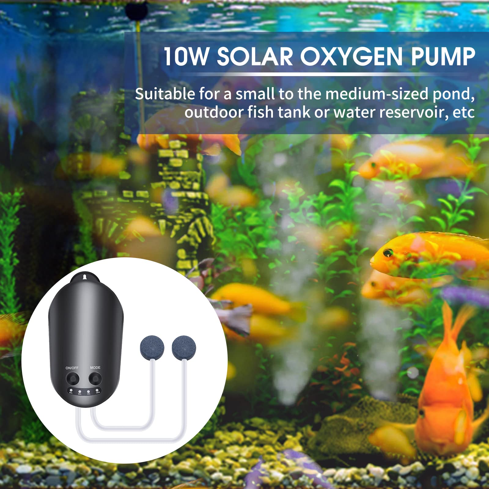 Pompa di ossigeno solare da 10 W con tubo Air Stone Staffa per acquario Ossigenatore 3 modalità regolabili Aeratore di ossigeno per piccoli stagni Pesca di emergenza Bagno per uccelli