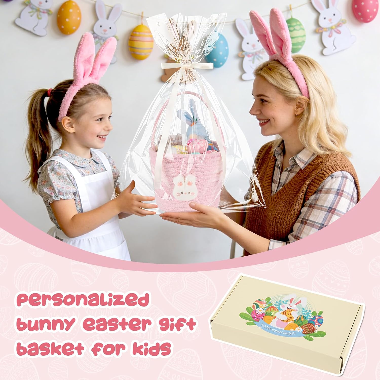 OIAHOMY Gift Basket with Handle, Personalized Baby Basket for Kids, Woven Rope Gift Empty for Toys, Baby Treasure Hunt Baskets with Wooden Card for Boys and Girls - Pink