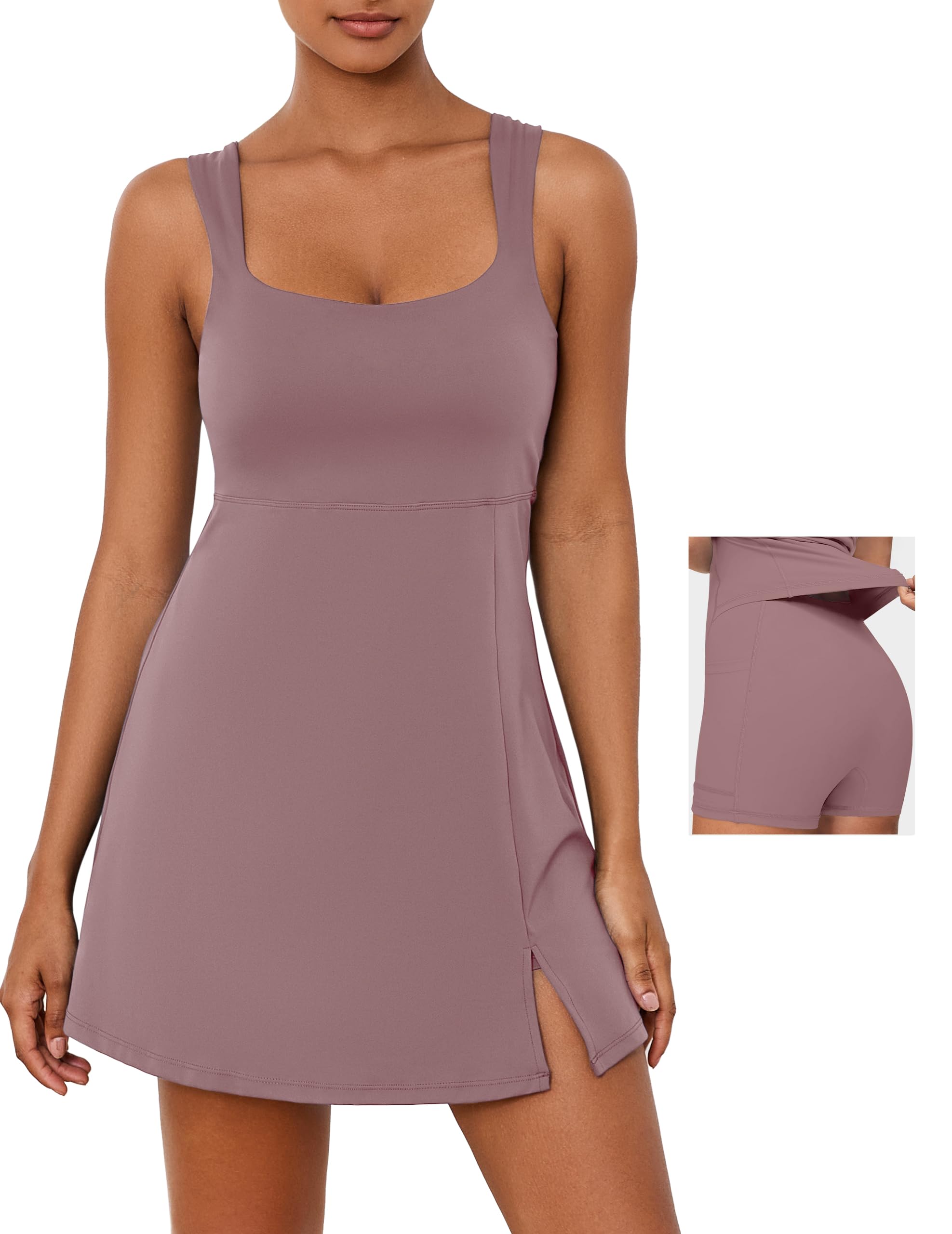 Desol Square Neck Tennis Dress with Pockets for Women Sleeveless Built in Shorts Athletic Dress Side Slit Golf Active