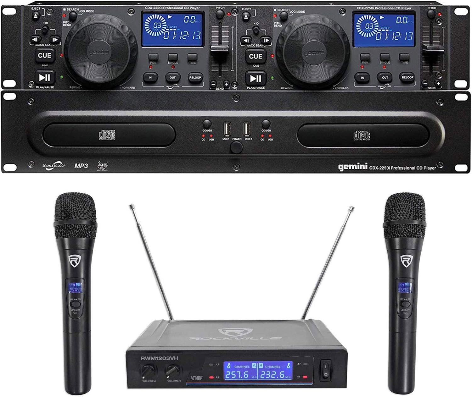 Gemini CDX-2250i Pro DJ Dual Two Deck Rack Mount CD/MP3 Media Player w/USB Bundle with RockvilIe RWM1203VHWireless Dual Handheld Microphone System/Digital Display