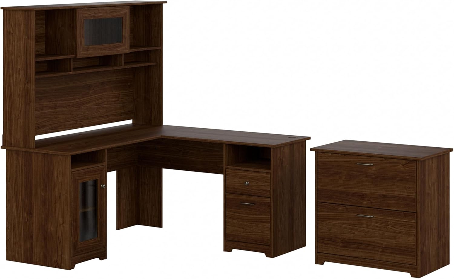 Bush Furniture Cabot L Shaped Desk with Hutch and Lateral File Cabinet in Modern Walnut