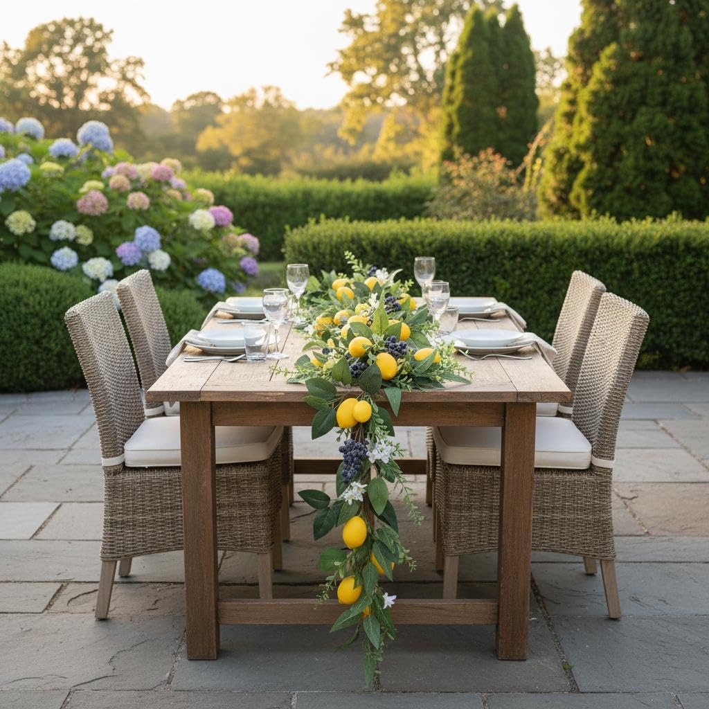 6 FT Artificial Lemon Garland with Lemons, Blueberries, Green Leaves & White Flowers for Front Door, Mantel, Fireplace, Table, Wedding, Home Party Decor